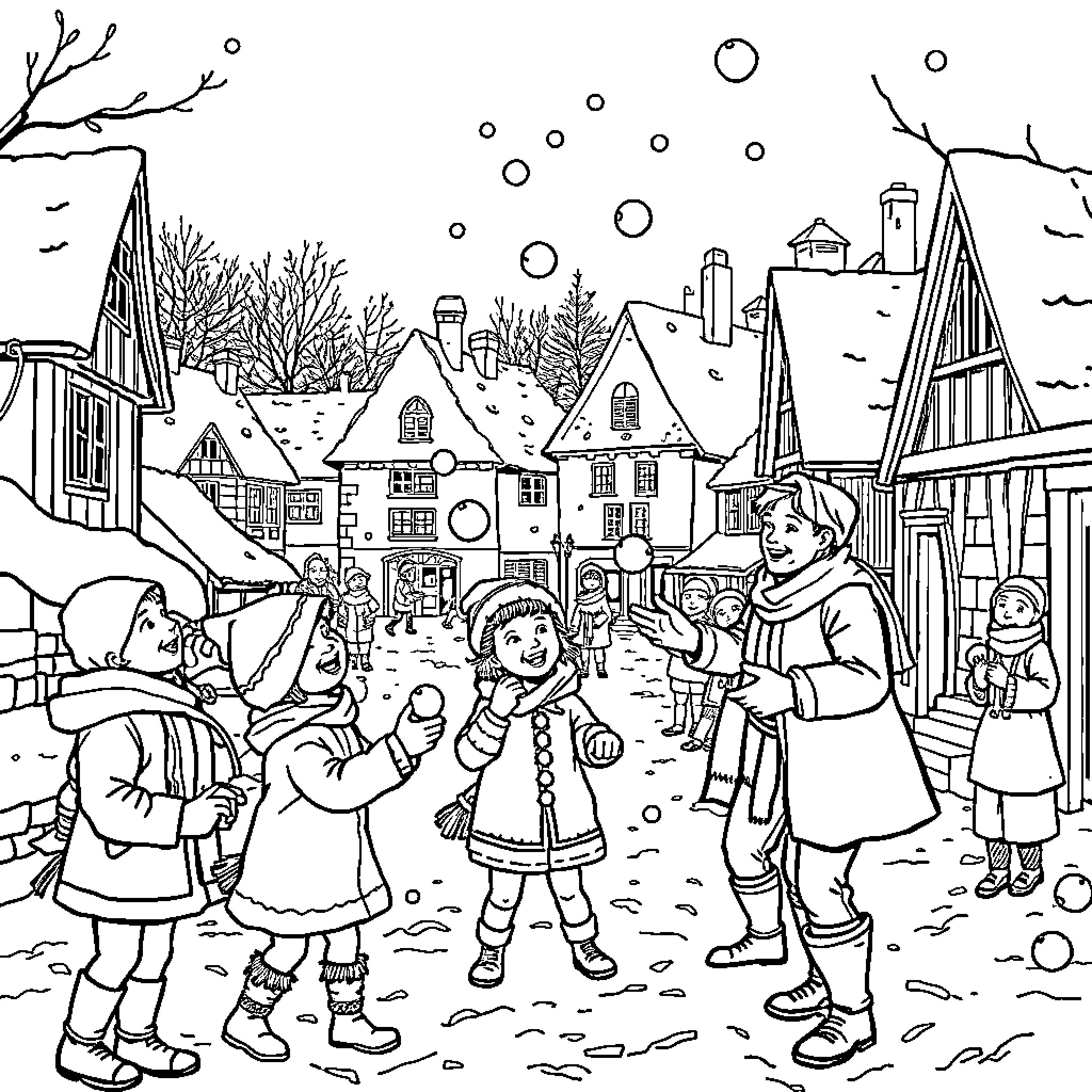 Town with people enjoying winter activities outdoors Coloring Page (free black-and-white line drawing printable PDF for all, from beginners to advanced learners, including children, teens, adults, and seniors)