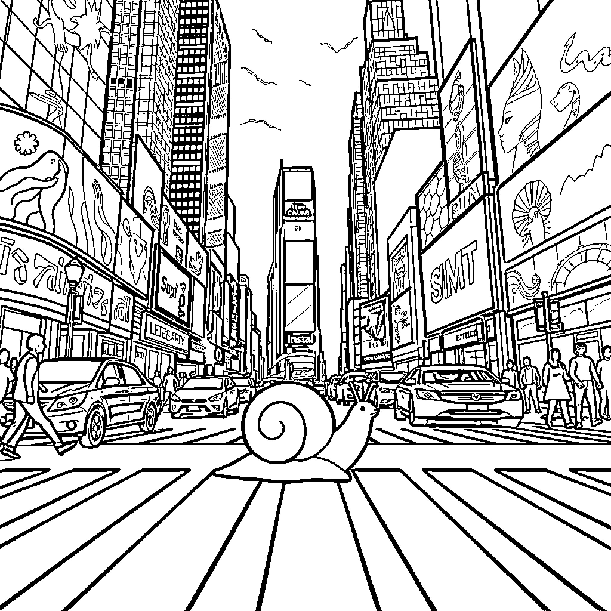Snail navigating the bustling city streets Coloring Page (free black-and-white line drawing printable PDF for all, from beginners to advanced learners, including children, teens, adults, and seniors)