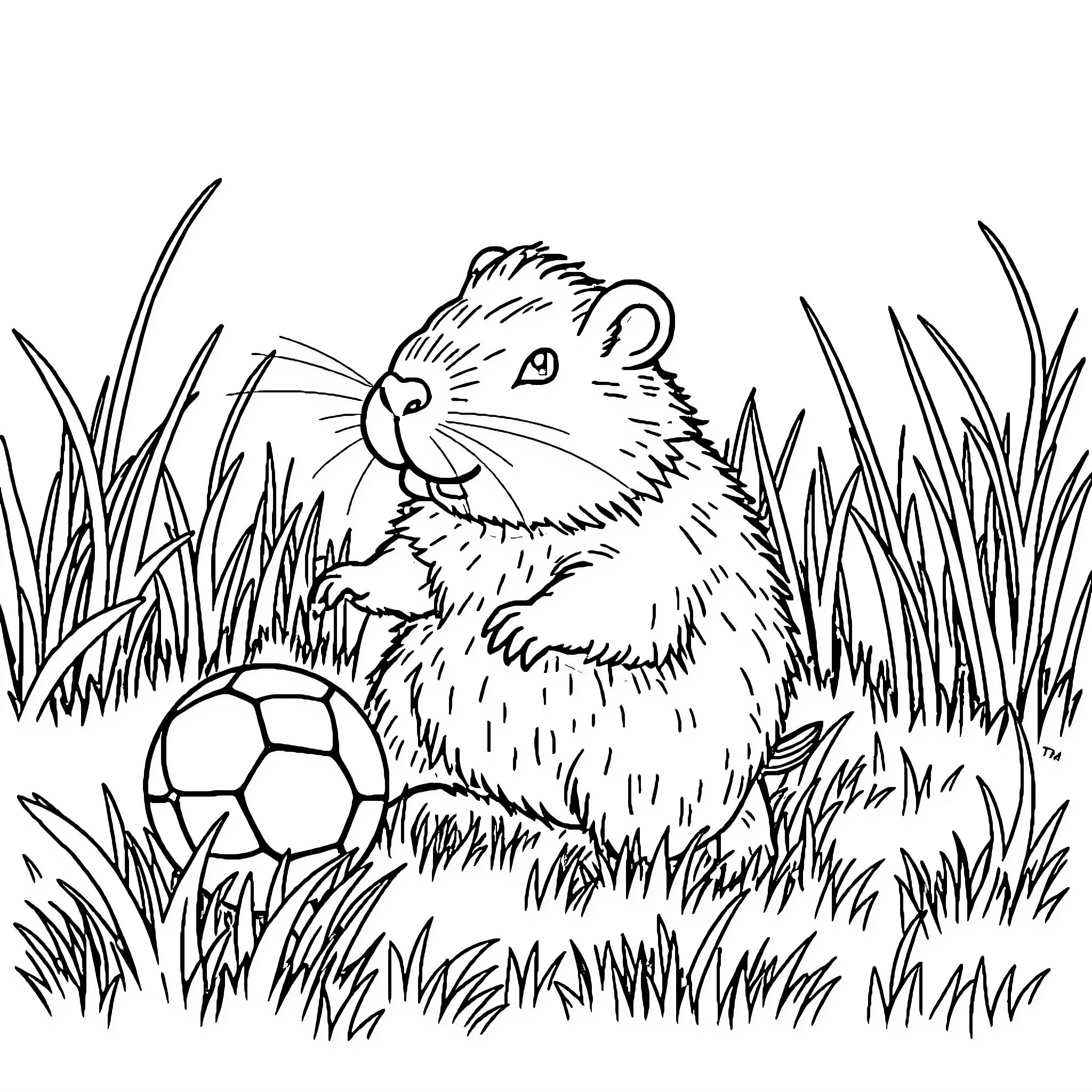 Capybara playing with soccer ball in grassy field Coloring Page (free black-and-white line drawing printable PDF for all, from beginners to advanced learners, including children, teens, adults, and seniors)