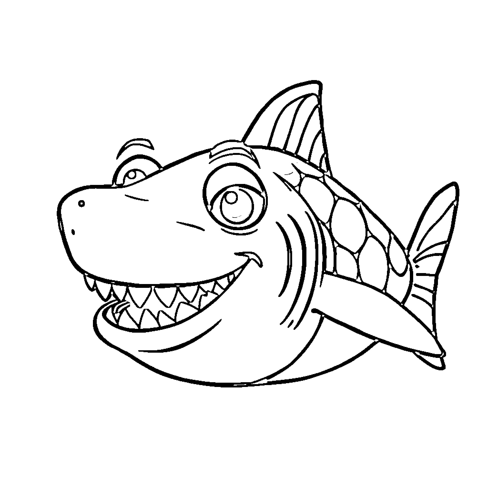 Piranha with sharp teeth and big eyes Coloring Page (free black-and-white line drawing printable PDF for all, from beginners to advanced learners, including children, teens, adults, and seniors)