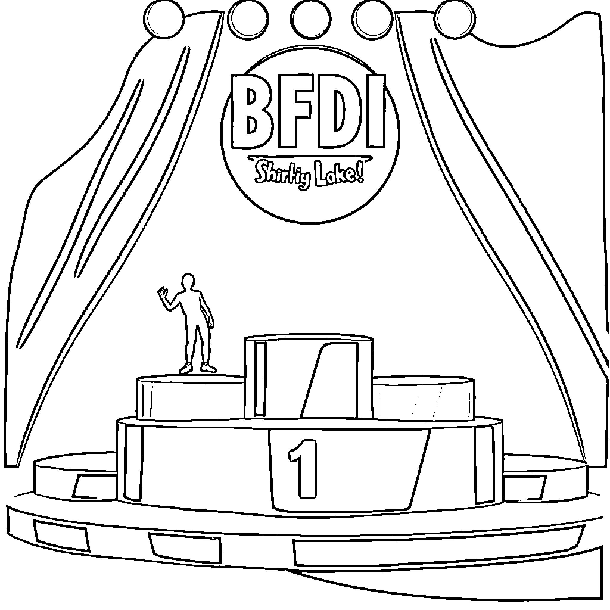 Podium with BFDI logo and award ceremony scene Coloring Page (free black-and-white line drawing printable PDF for all, from beginners to advanced learners, including children, teens, adults, and seniors)