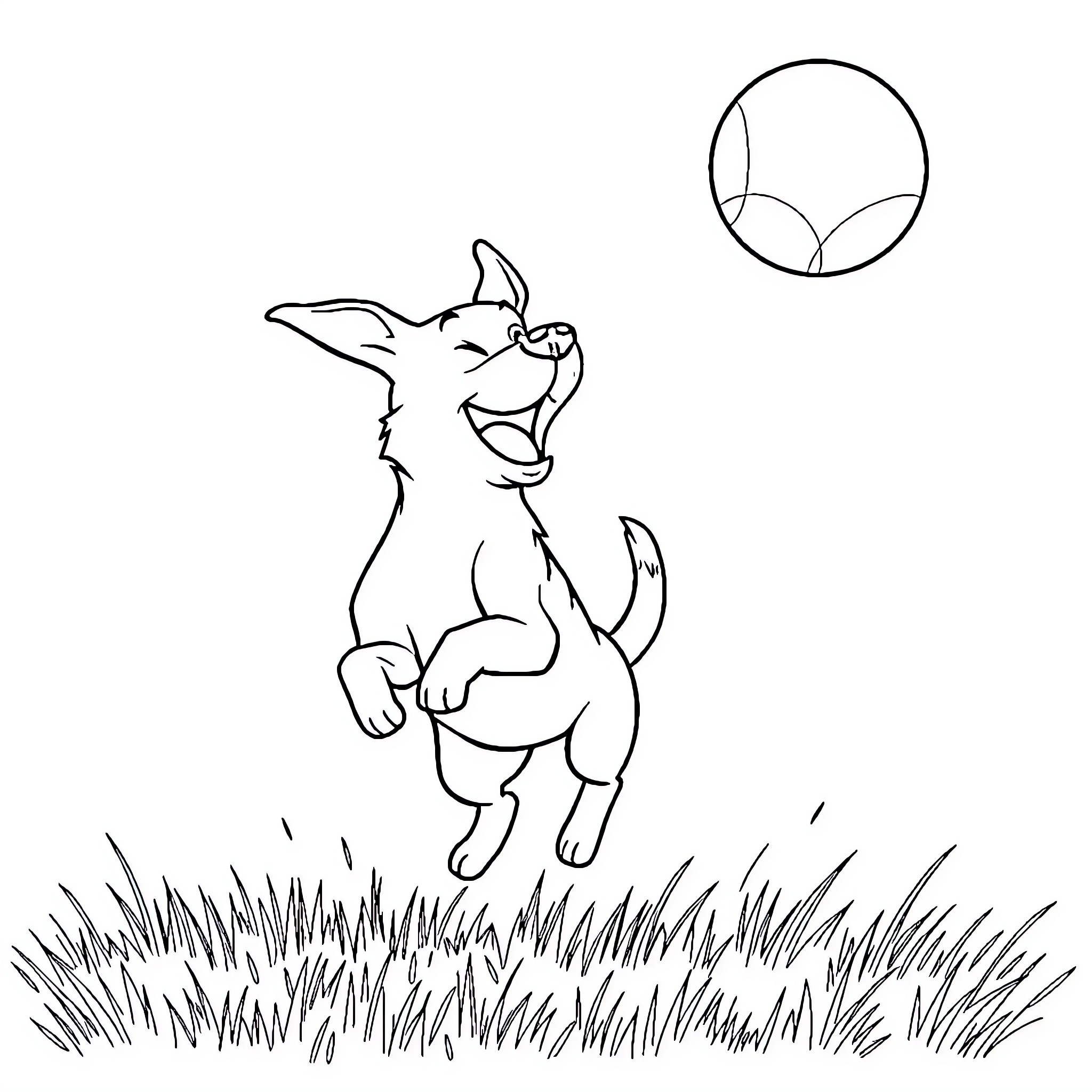 Dog happily running through the grass Coloring Page (free black-and-white line drawing printable PDF for all, from beginners to advanced learners, including children, teens, adults, and seniors)
