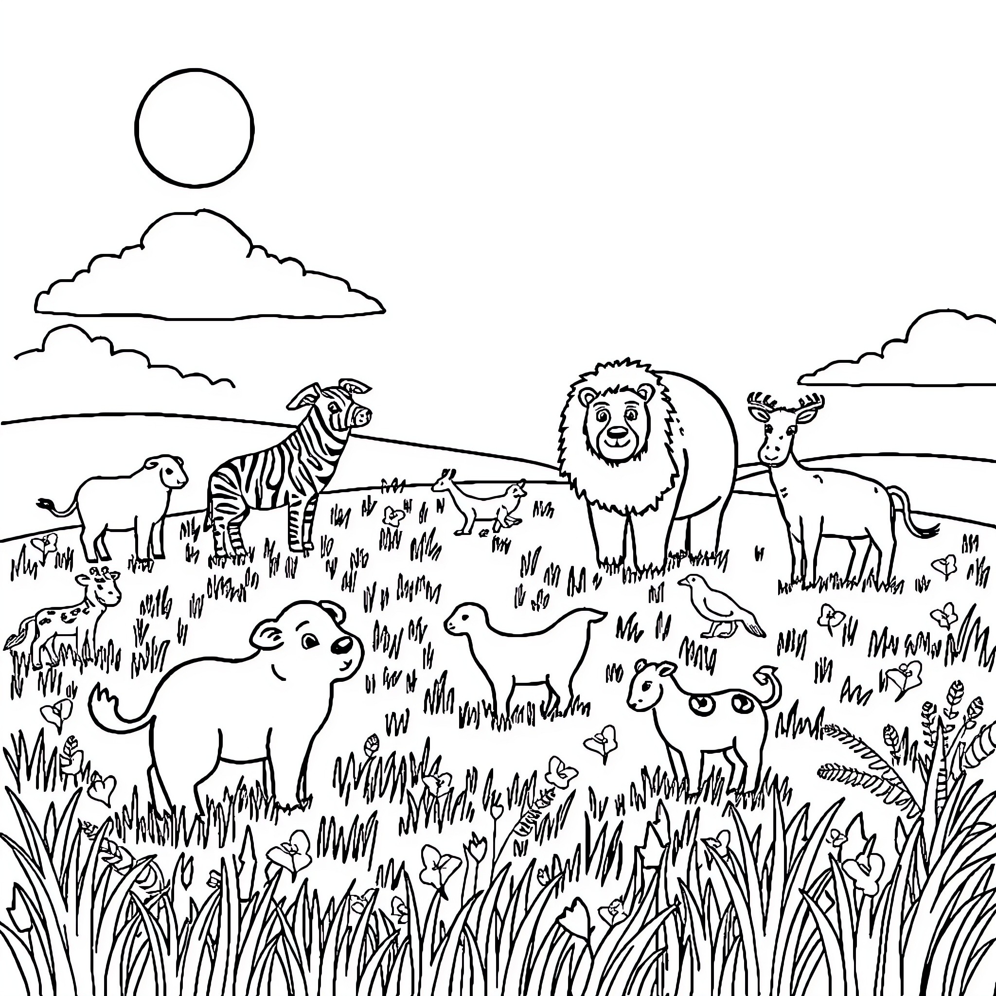 Animal friends in the wild Coloring Page (free black-and-white line drawing printable PDF for all, from beginners to advanced learners, including children, teens, adults, and seniors)