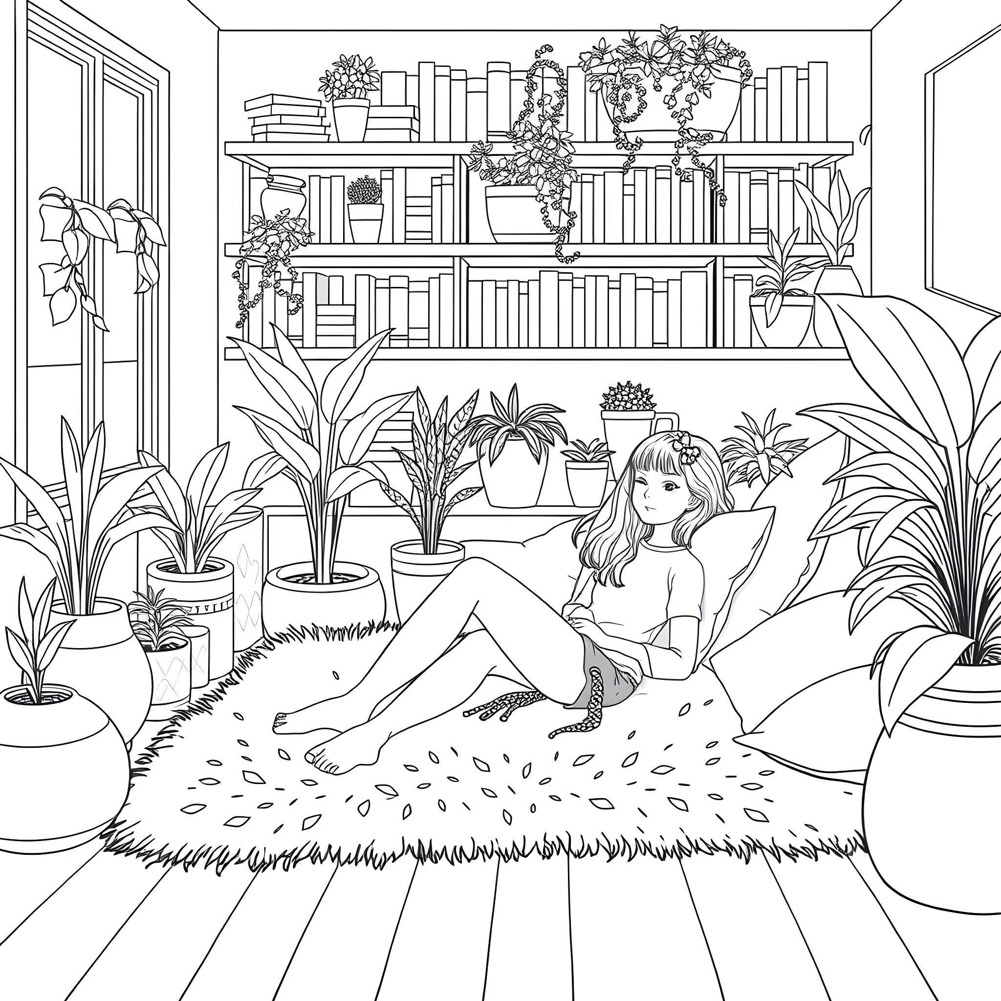 Girl enjoying a cozy indoor garden Coloring Page (free black-and-white line drawing printable PDF for all, from beginners to advanced learners, including children, teens, adults, and seniors)