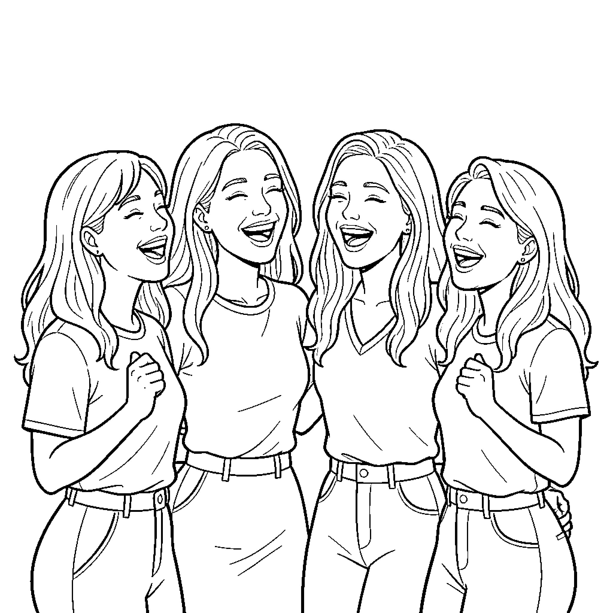 Mujer compartiendo risas y alegrías con amigas Coloring Page (free black-and-white line drawing printable PDF for all, from beginners to advanced learners, including children, teens, adults, and seniors)