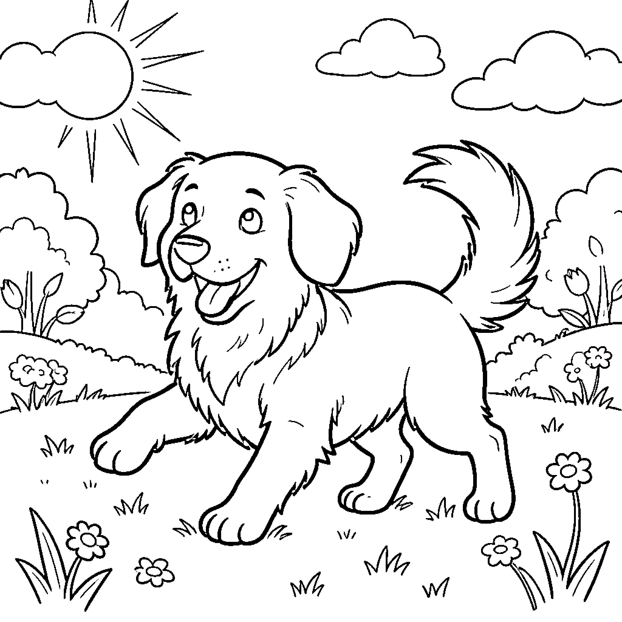 Dog playing happily in the outdoors Coloring Page (free black-and-white line drawing printable PDF for all, from beginners to advanced learners, including children, teens, adults, and seniors)