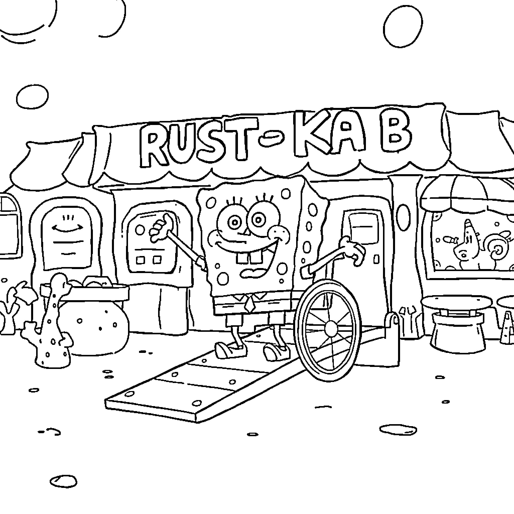 Spongebob and friends in Rust-Ka B cart shop Coloring Page (free black-and-white line drawing printable PDF for all, from beginners to advanced learners, including children, teens, adults, and seniors)