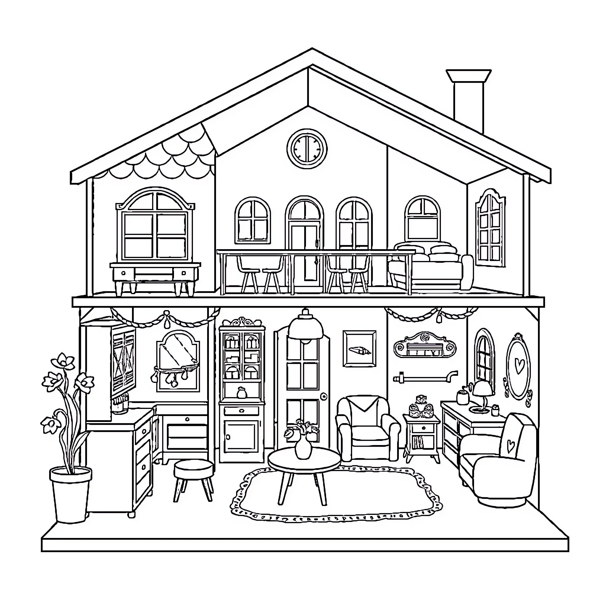 Barbie Doll House with Furnishings and Decor Coloring Page (free black-and-white line drawing printable PDF for all, from beginners to advanced learners, including children, teens, adults, and seniors)