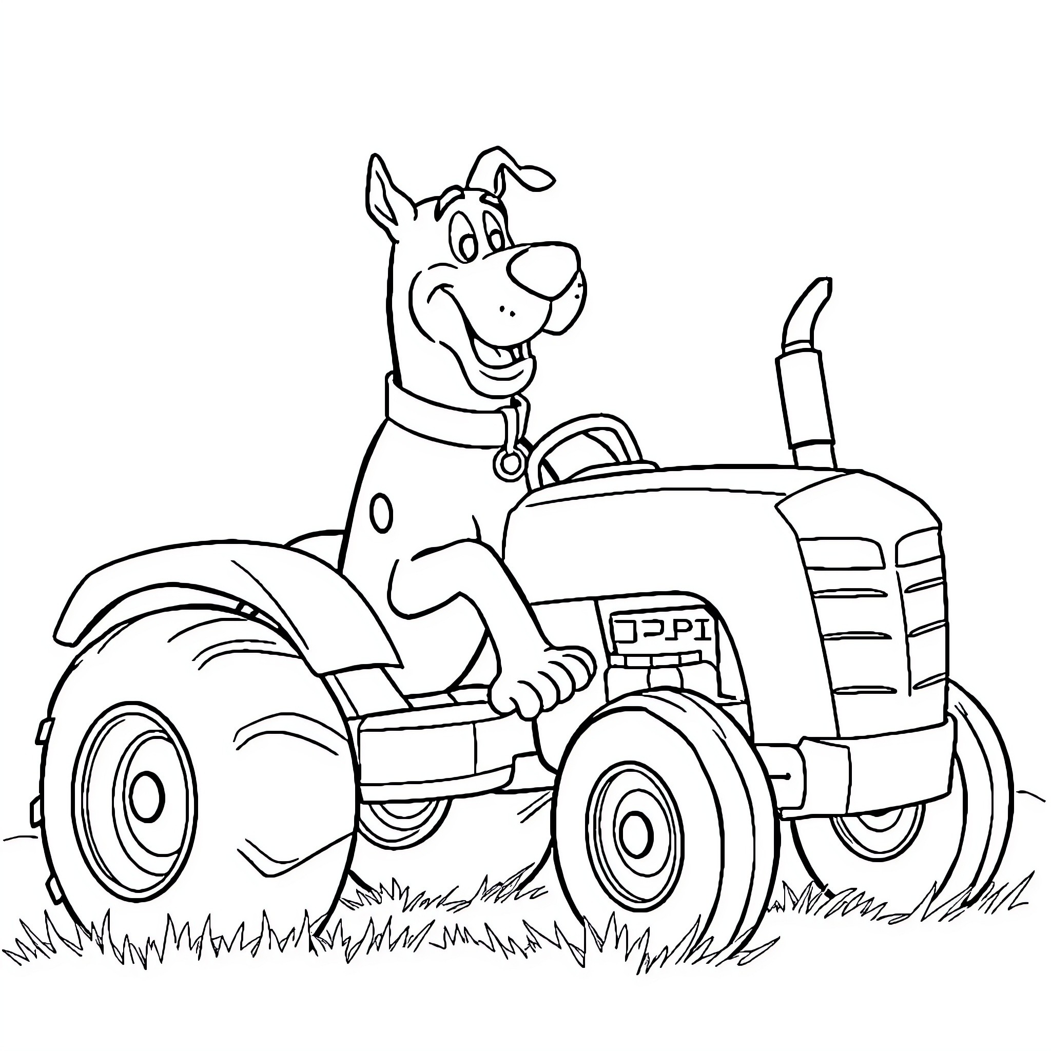 Scooby Doo driving a tractor happily in the field Coloring Page (free black-and-white line drawing printable PDF for all, from beginners to advanced learners, including children, teens, adults, and seniors)