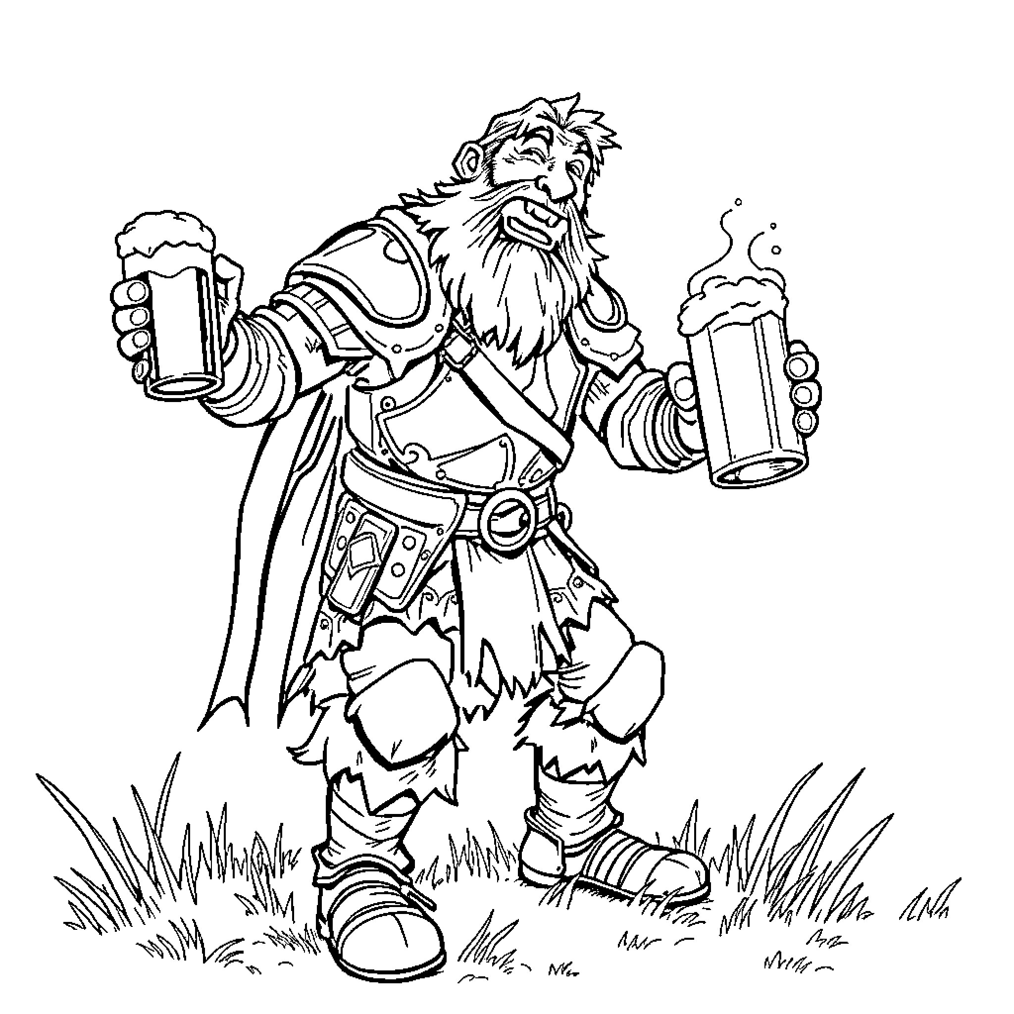 Warrior Dwarf Celebrating with Ale Coloring Page (free black-and-white line drawing printable PDF for all, from beginners to advanced learners, including children, teens, adults, and seniors)