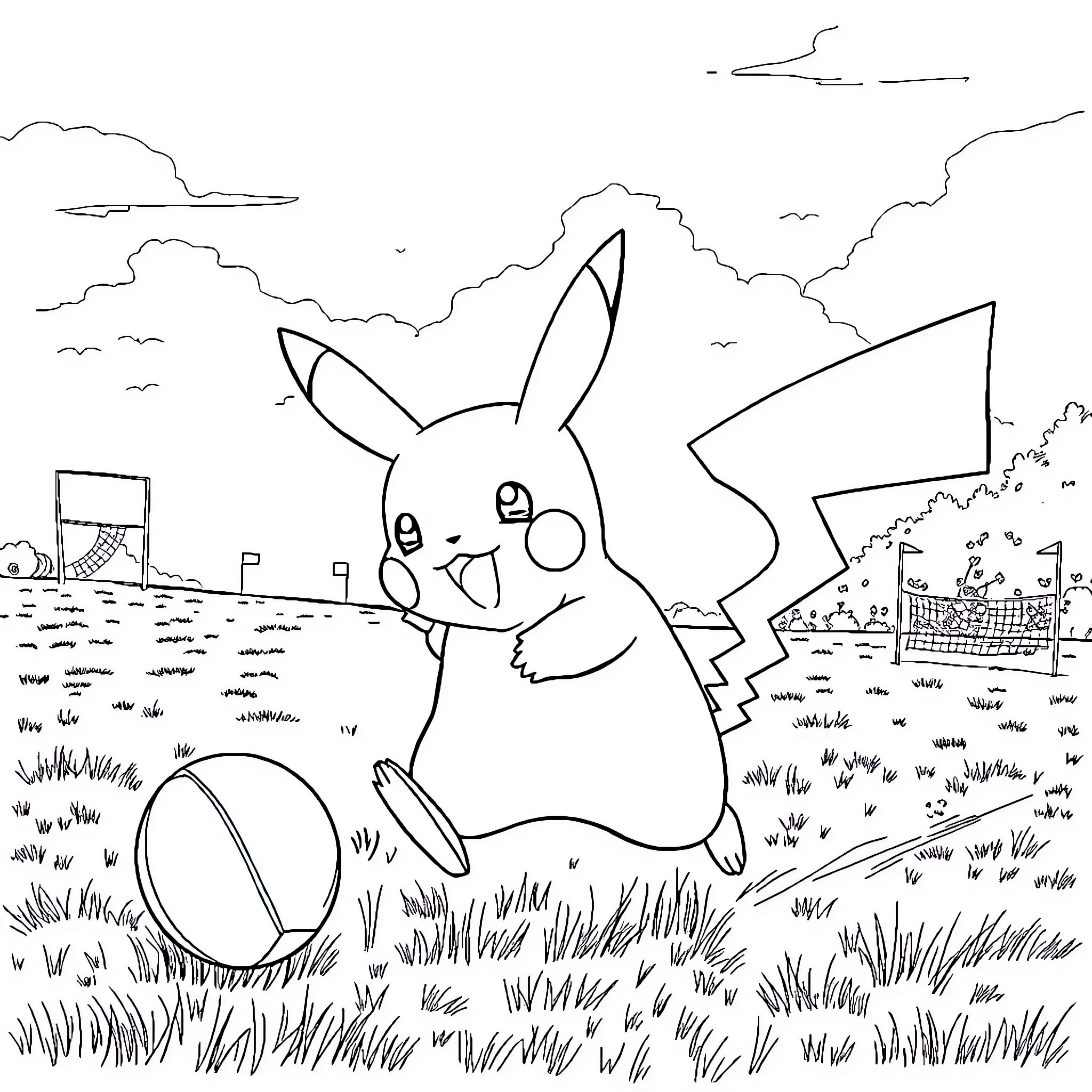 Pikachu playing happily in the field Coloring Page (free black-and-white line drawing printable PDF for all, from beginners to advanced learners, including children, teens, adults, and seniors)