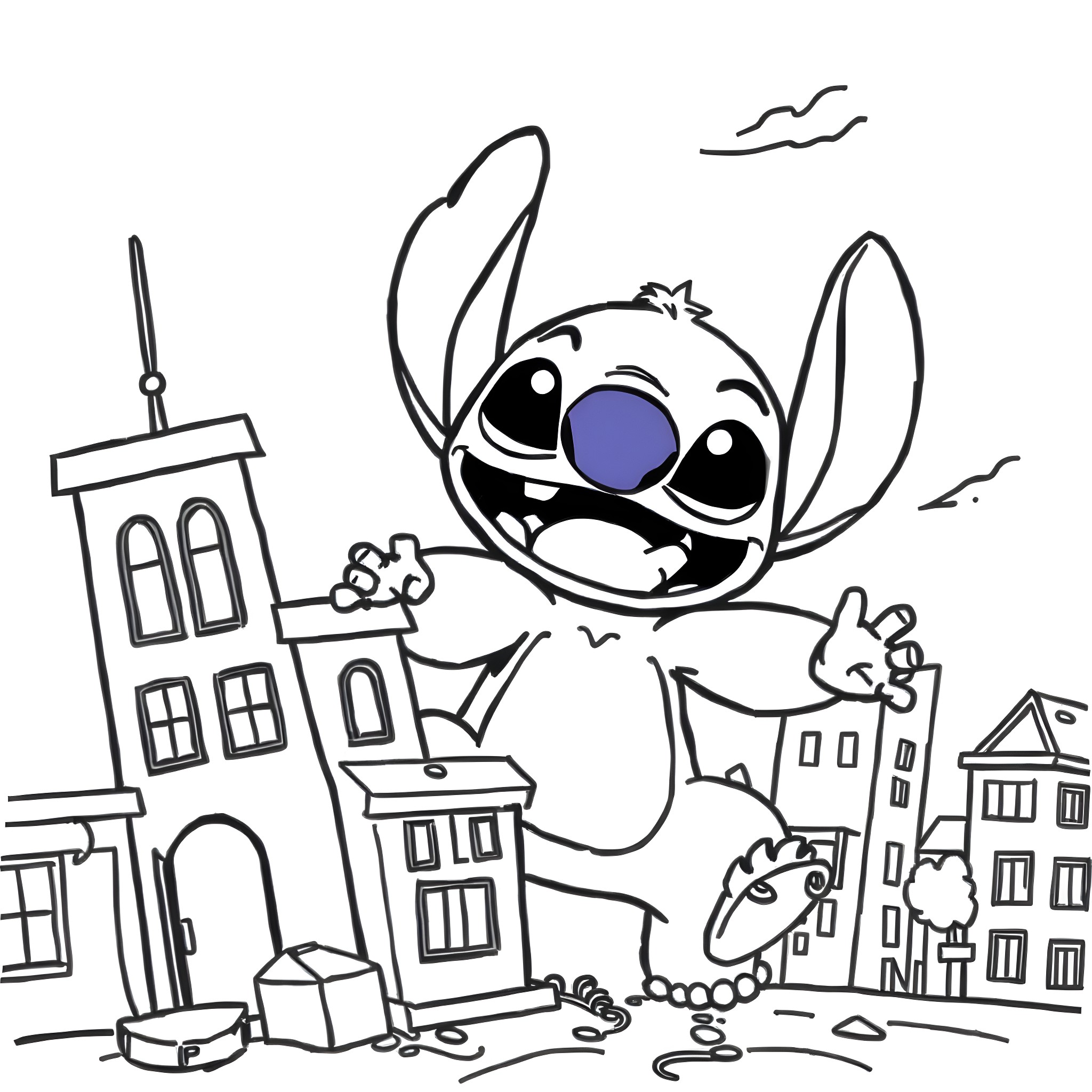 Stitch exploring the city with a big smile Coloring Page (free black-and-white line drawing printable PDF for all, from beginners to advanced learners, including children, teens, adults, and seniors)