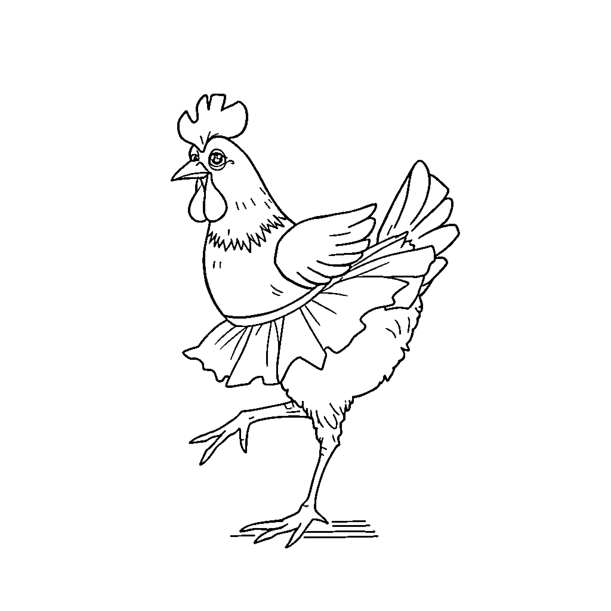Chicken strutting proudly in the farm Coloring Page (free black-and-white line drawing printable PDF for all, from beginners to advanced learners, including children, teens, adults, and seniors)