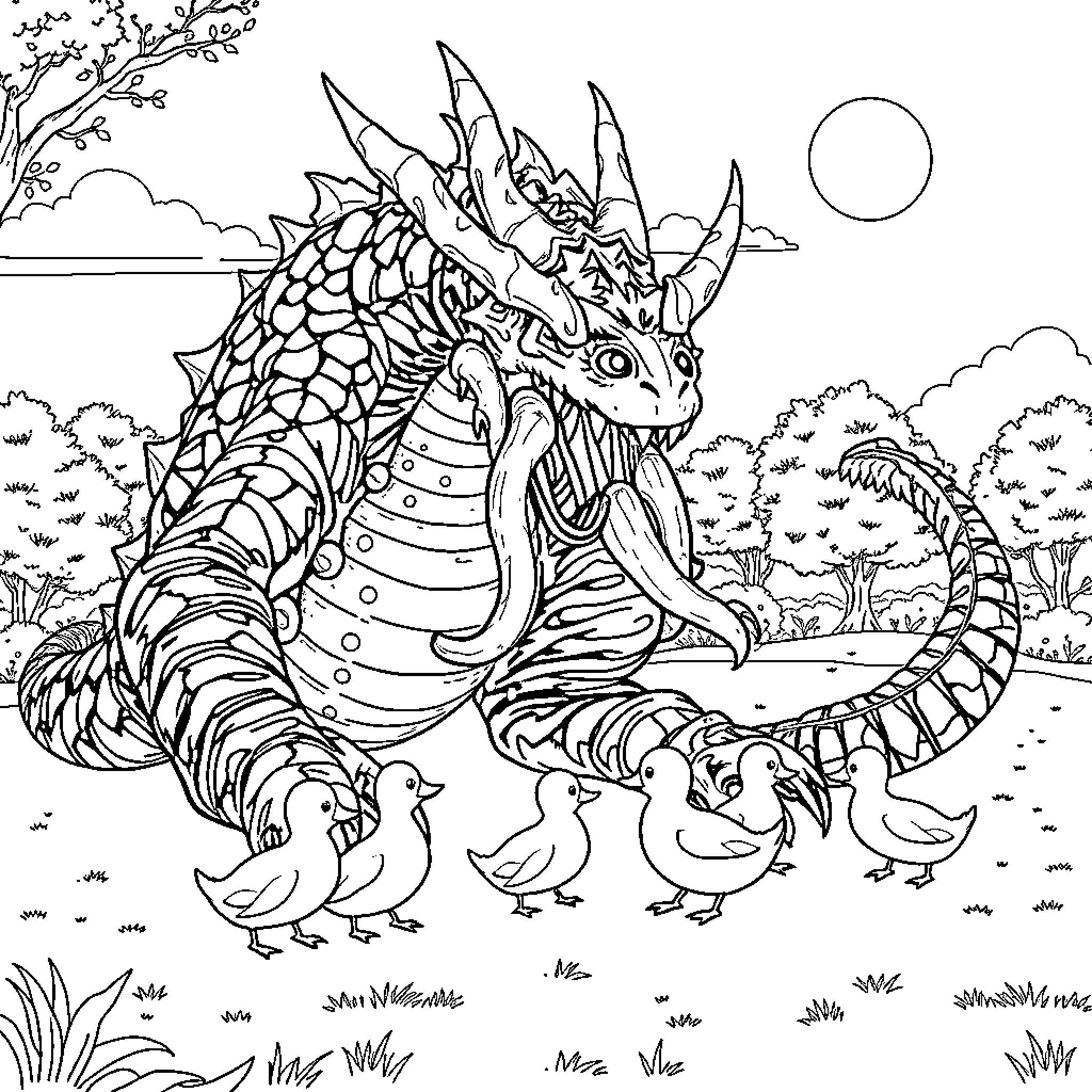 Demogorgon protecting ducklings in a mystical landscape Coloring Page (free black-and-white line drawing printable PDF for all, from beginners to advanced learners, including children, teens, adults, and seniors)