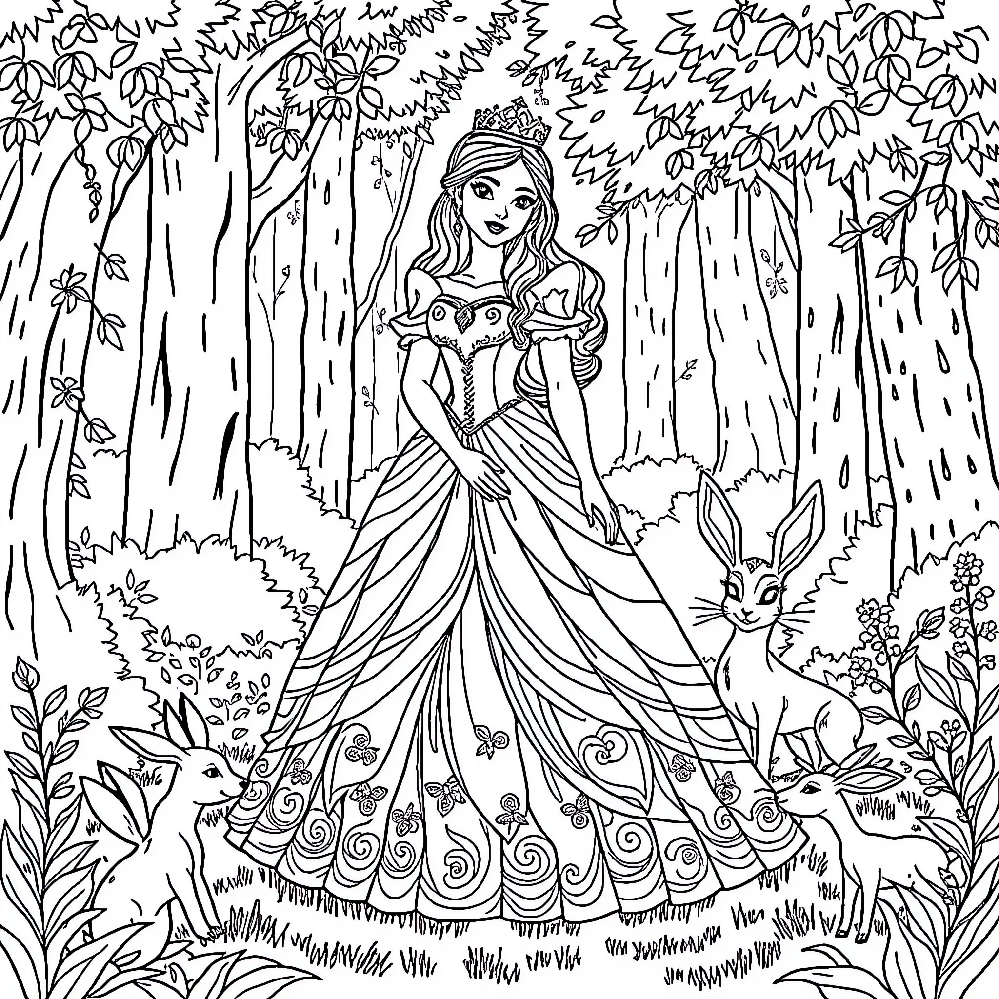 Princess in a Magical Forest Clearing Coloring Page (free black-and-white line drawing printable PDF for all, from beginners to advanced learners, including children, teens, adults, and seniors)