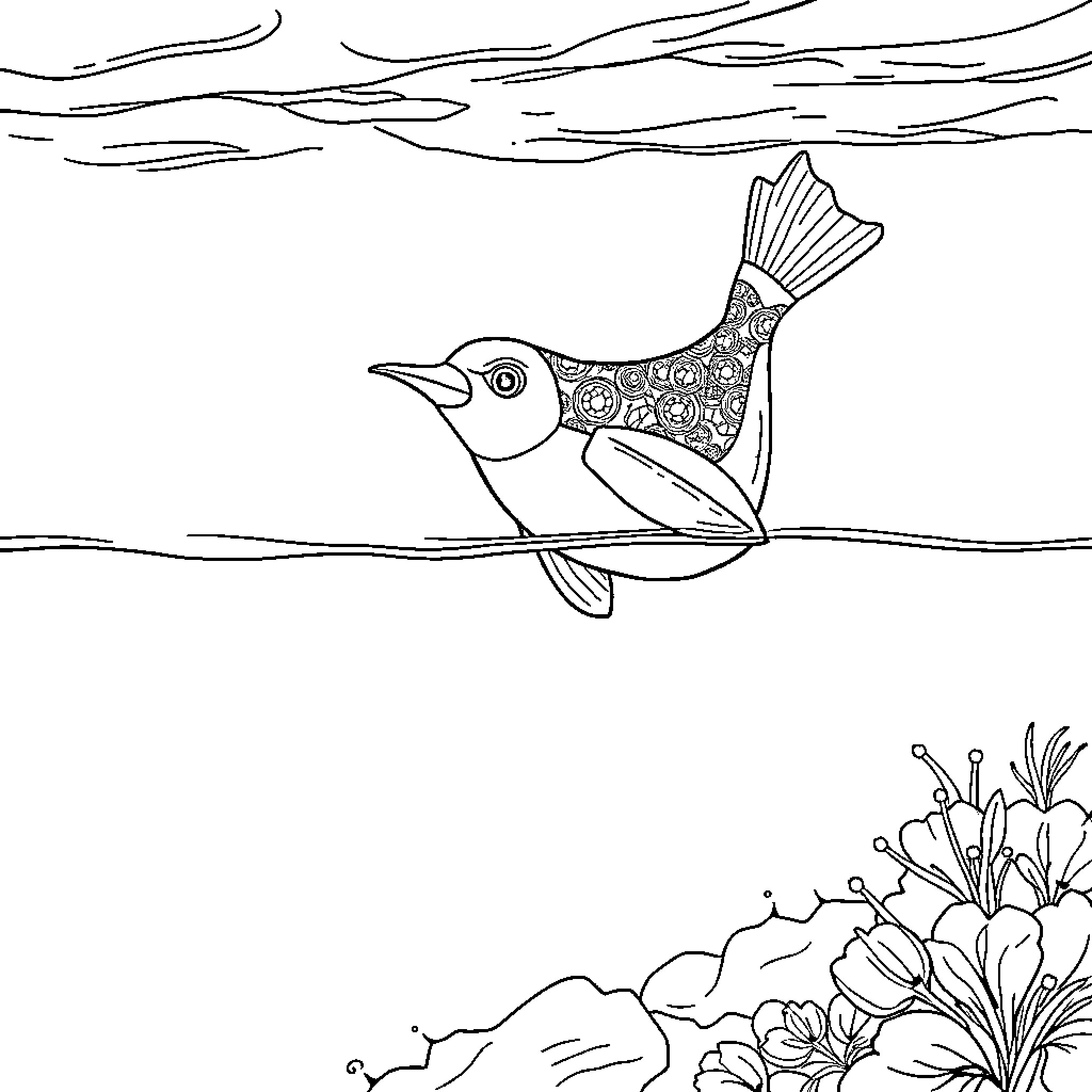 Fish swimming among floral patterns Coloring Page (free black-and-white line drawing printable PDF for all, from beginners to advanced learners, including children, teens, adults, and seniors)