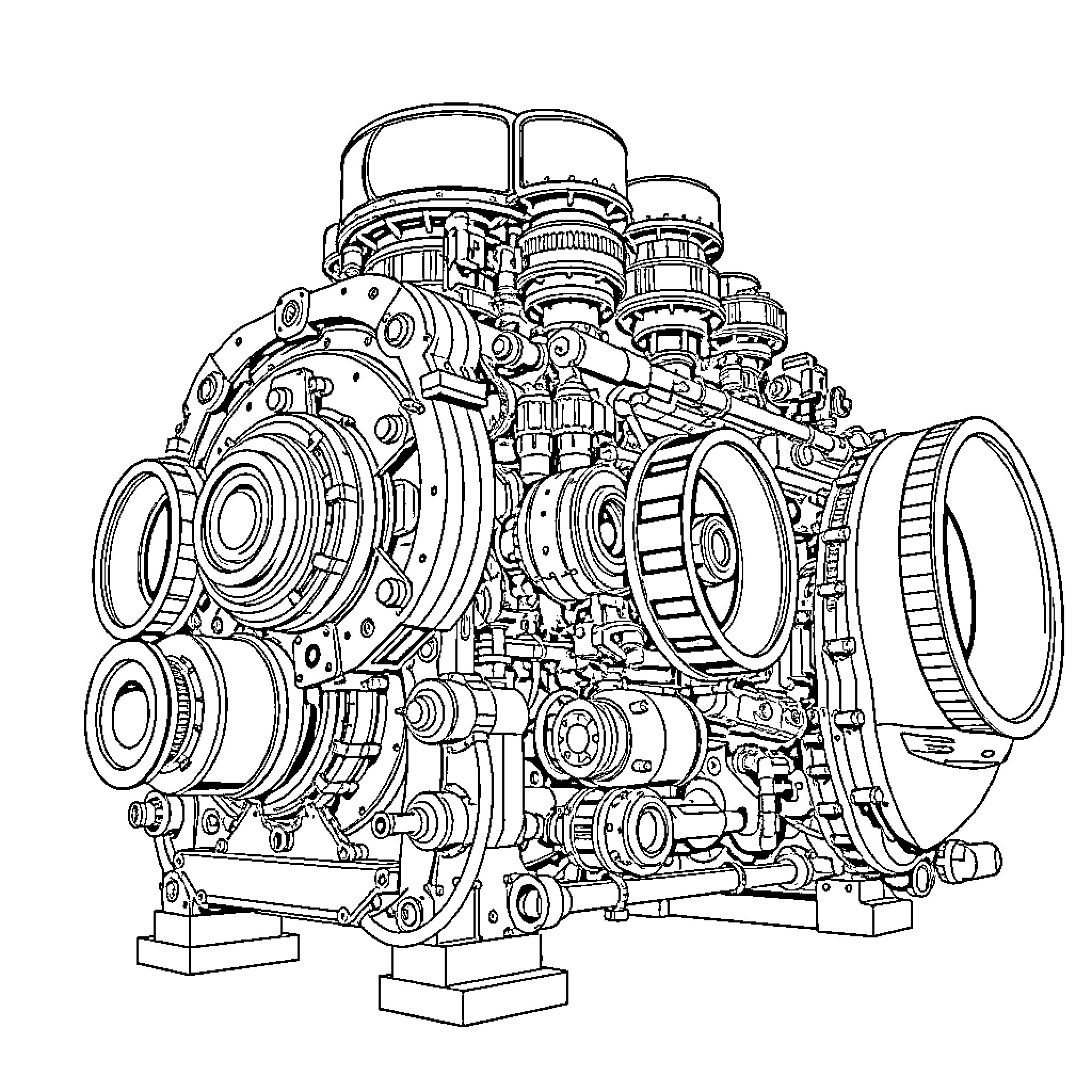 Engine parts and components in detailed technical drawing Coloring Page (free black-and-white line drawing printable PDF for all, from beginners to advanced learners, including children, teens, adults, and seniors)