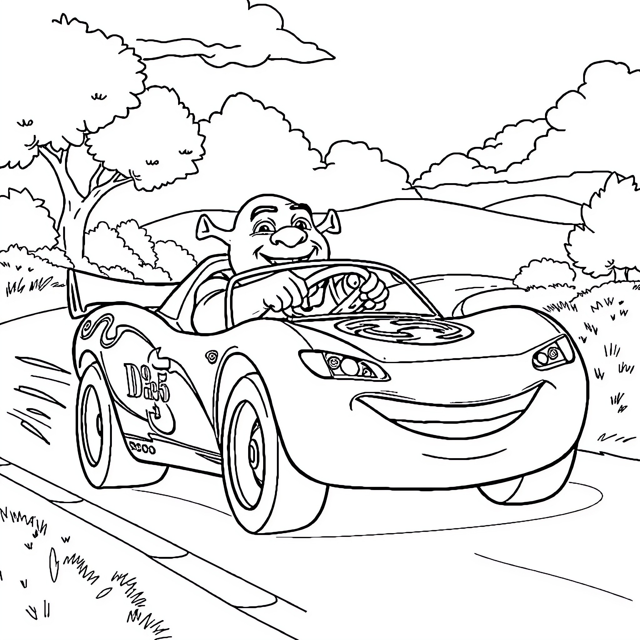 Shrek joyfully driving a car in the countryside Coloring Page (free black-and-white line drawing printable PDF for all, from beginners to advanced learners, including children, teens, adults, and seniors)