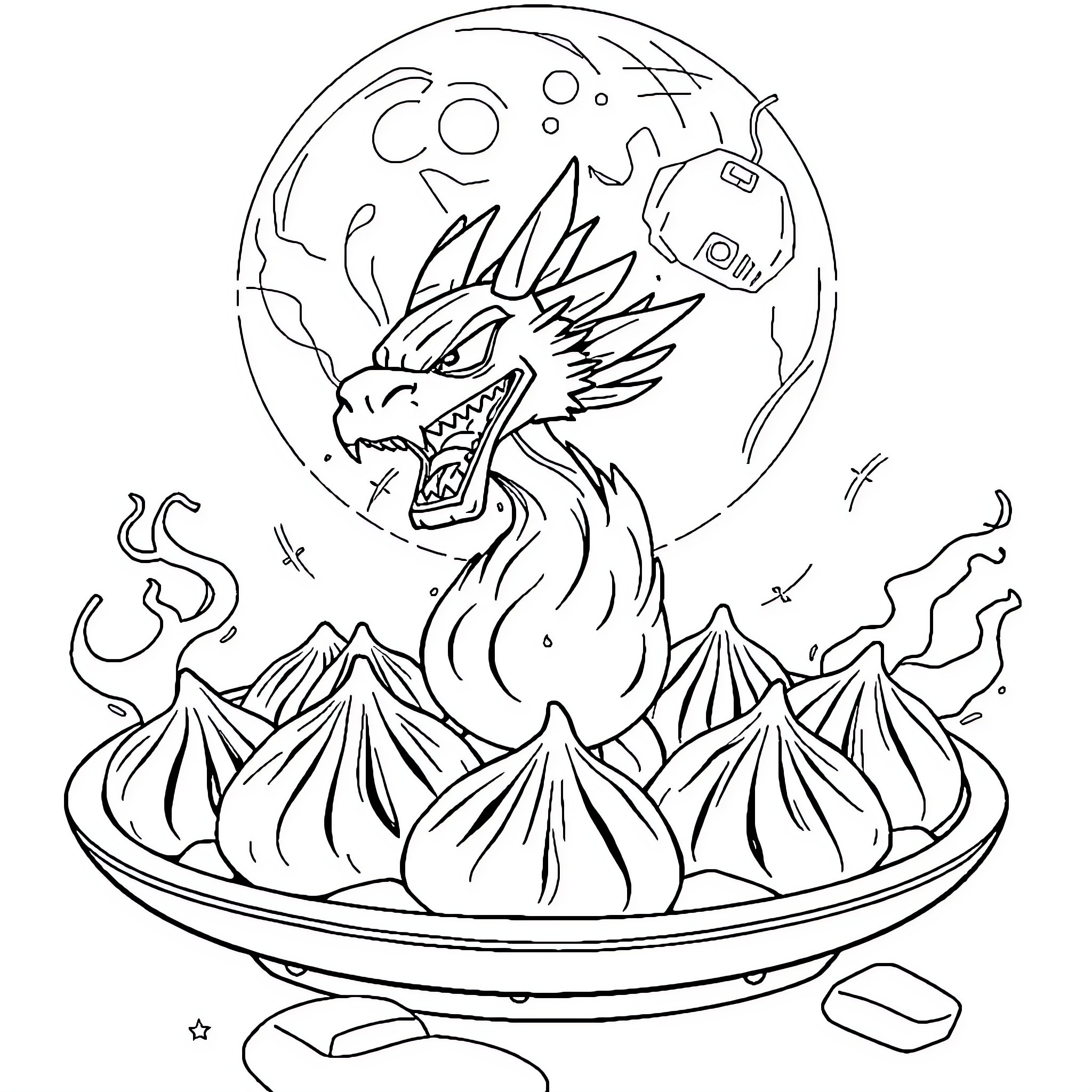 Dragon Ball Fierce Dragon Guardian Emerging from Volcanic Peaks Coloring Page (free black-and-white line drawing printable PDF for all, from beginners to advanced learners, including children, teens, adults, and seniors)