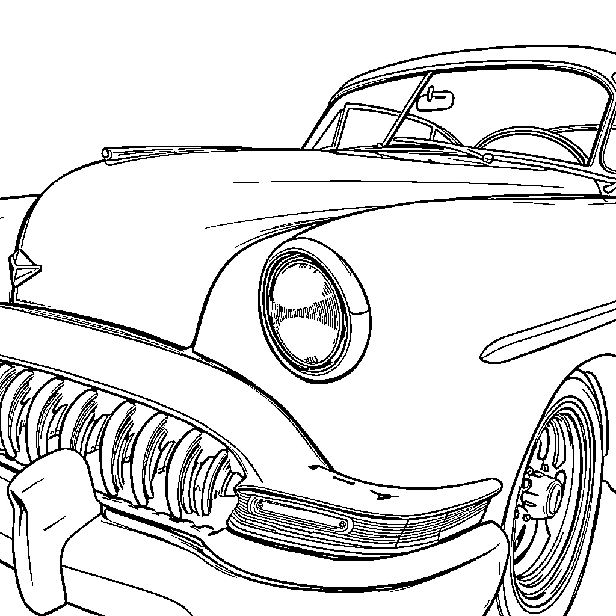 Classic Car with Sleek Design and Vintage Style Coloring Page (free black-and-white line drawing printable PDF for all, from beginners to advanced learners, including children, teens, adults, and seniors)