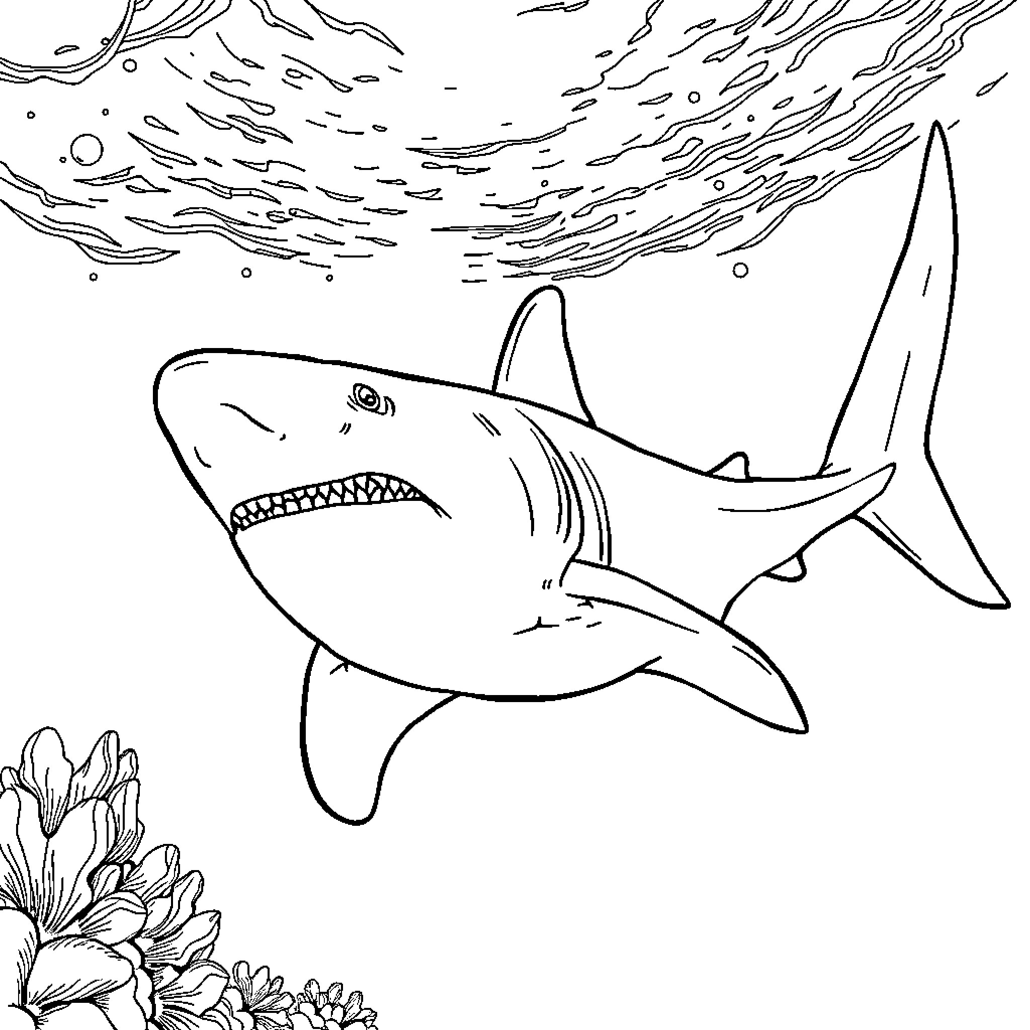 Megalodon shark hunting in the underwater seascape Coloring Page (free black-and-white line drawing printable PDF for all, from beginners to advanced learners, including children, teens, adults, and seniors)
