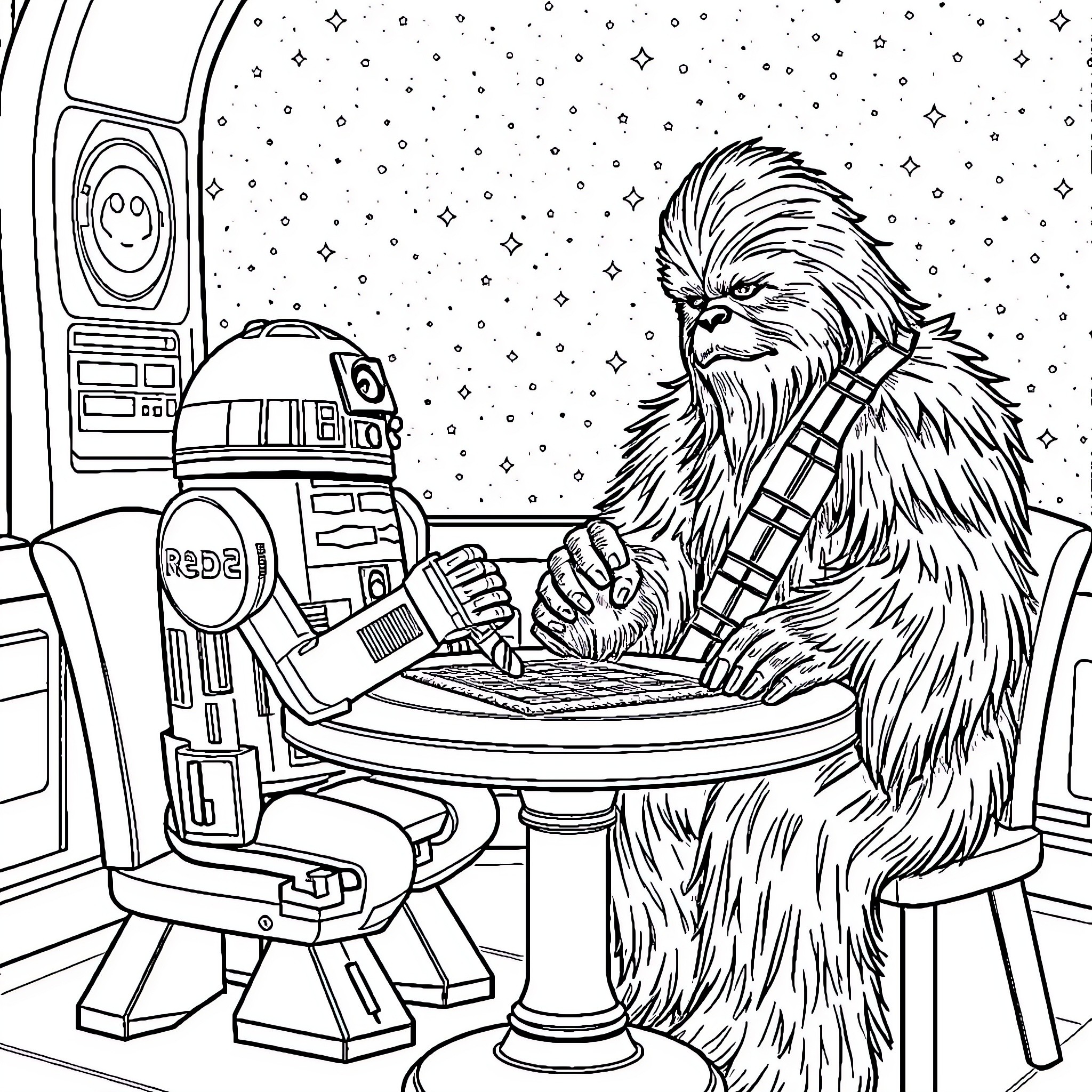 R2D2 and Chewbacca Playing Holo Chess in the Starship Coloring Page (free black-and-white line drawing printable PDF for all, from beginners to advanced learners, including children, teens, adults, and seniors)