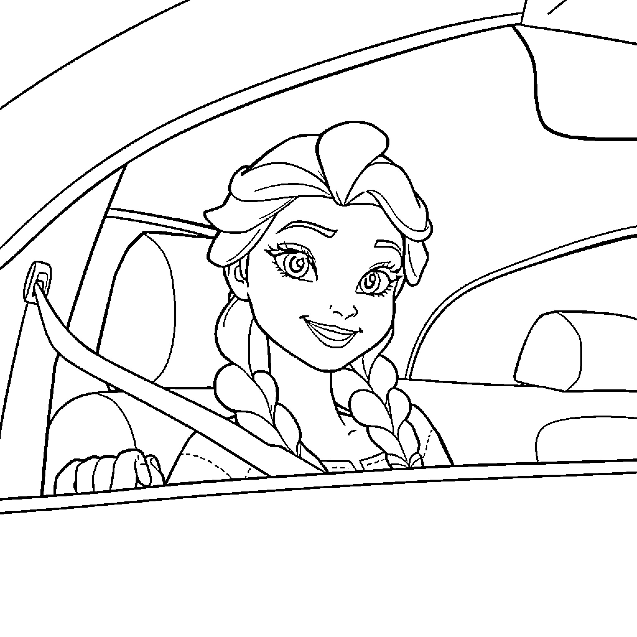 Elsa driving a car with a happy expression Coloring Page (free black-and-white line drawing printable PDF for all, from beginners to advanced learners, including children, teens, adults, and seniors)
