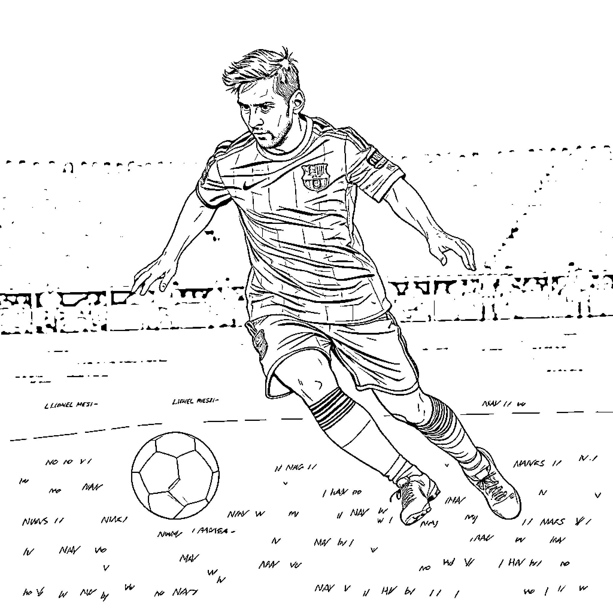 Lionel Messi dribbling the soccer ball on the field Coloring Page (free black-and-white line drawing printable PDF for all, from beginners to advanced learners, including children, teens, adults, and seniors)