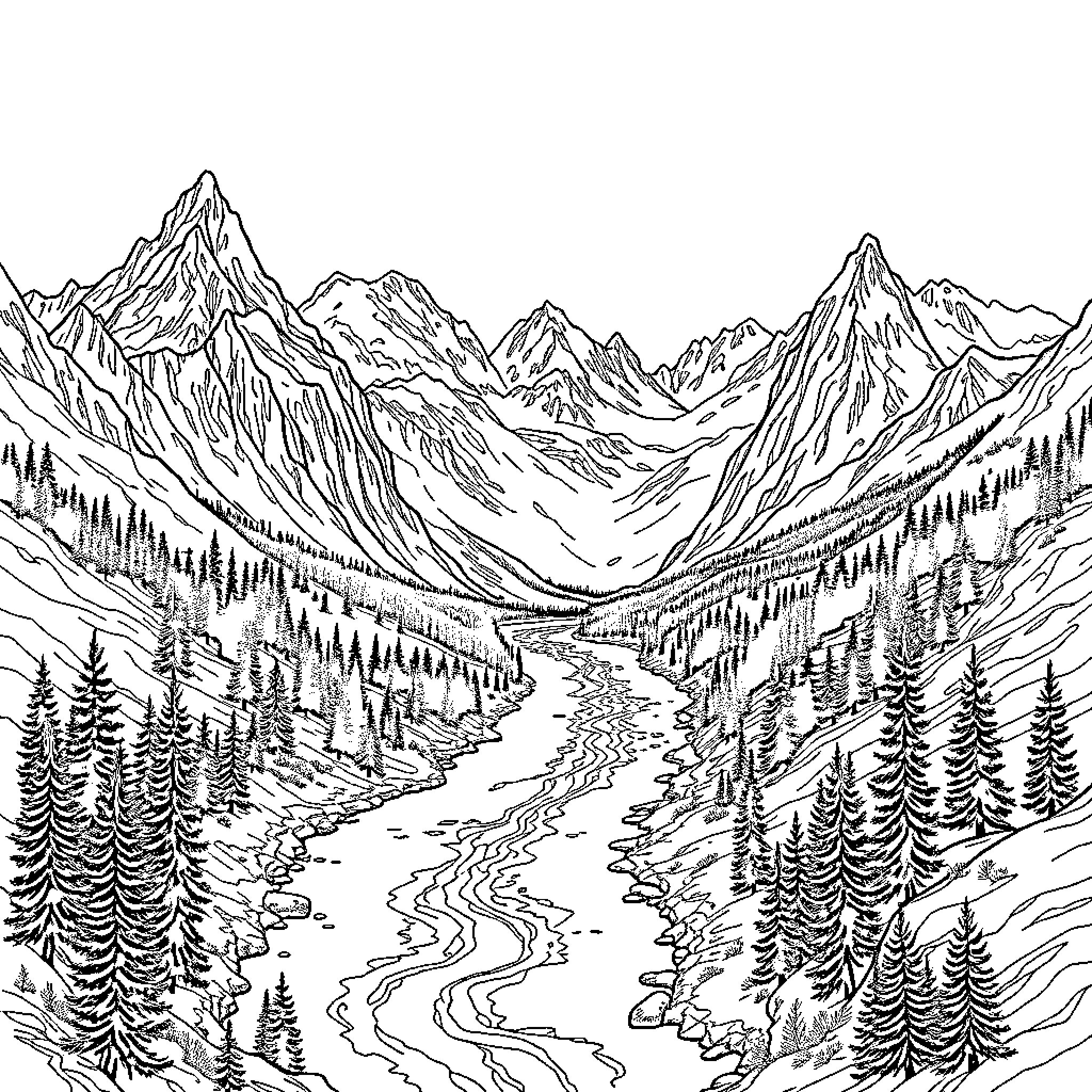 Mountain Landscape with Winding River and Pine Trees Coloring Page (free black-and-white line drawing printable PDF for all, from beginners to advanced learners, including children, teens, adults, and seniors)