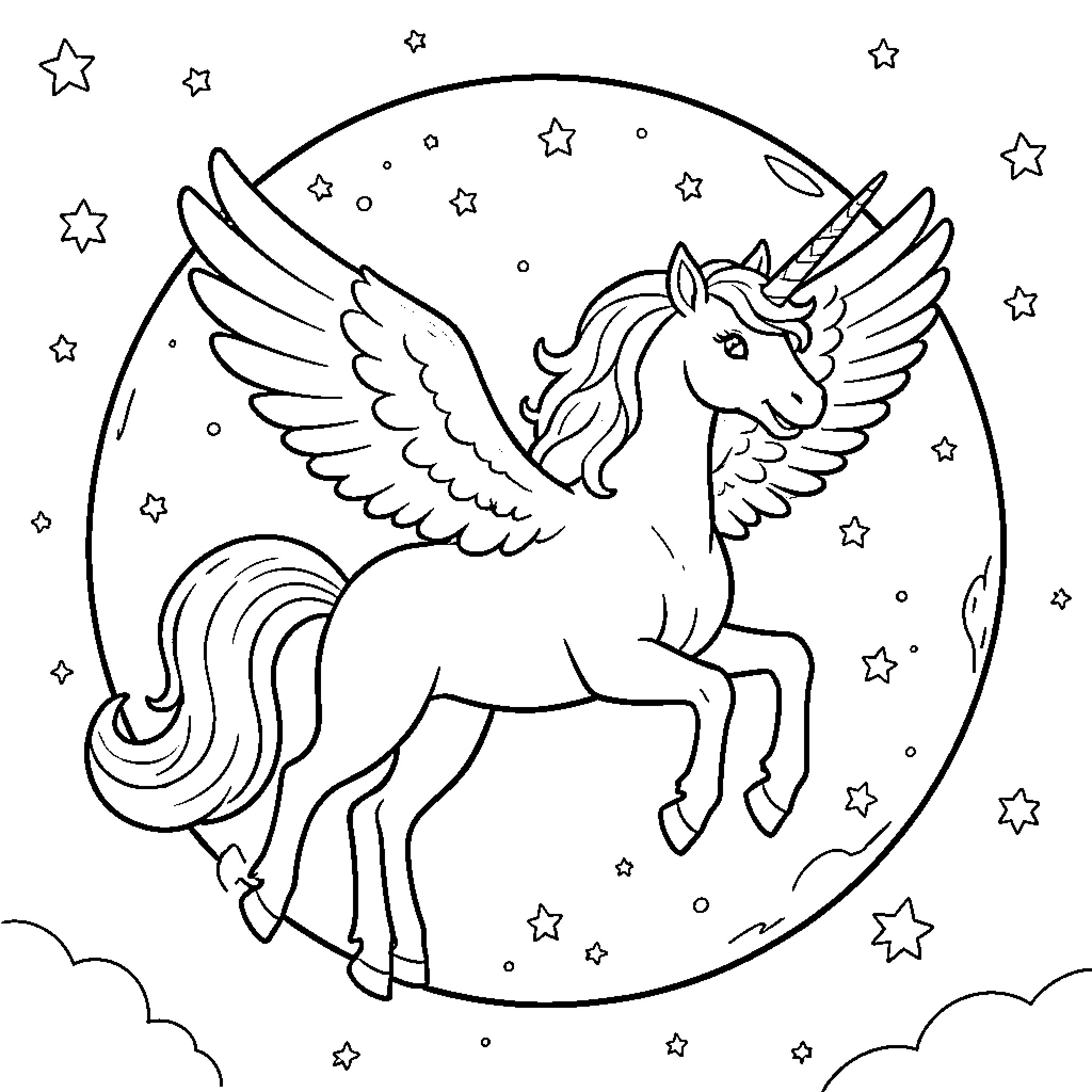 Unicorn flying through starry night sky Coloring Page (free black-and-white line drawing printable PDF for all, from beginners to advanced learners, including children, teens, adults, and seniors)