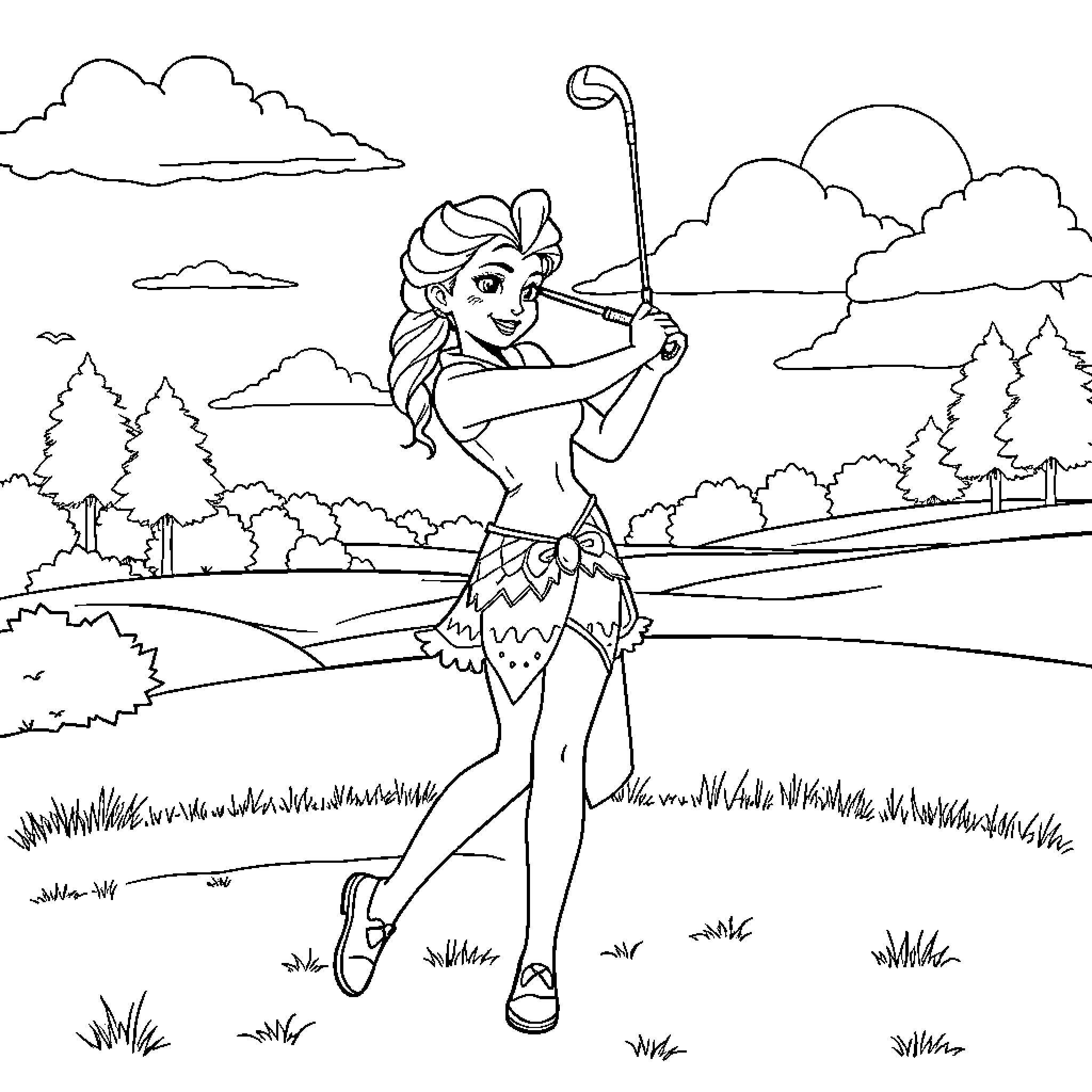 Elsa archery in the forest Coloring Page (free black-and-white line drawing printable PDF for all, from beginners to advanced learners, including children, teens, adults, and seniors)