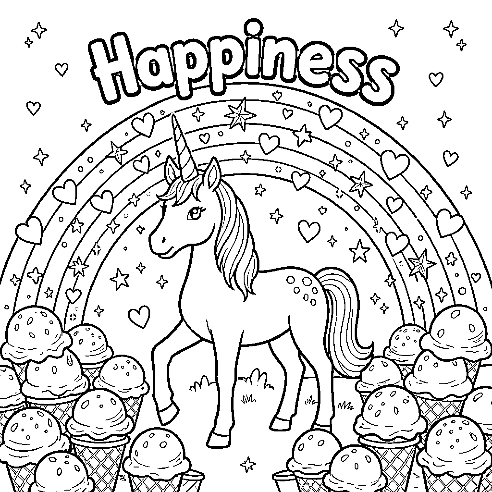 Unicorn surrounded by joy and happiness Coloring Page (free black-and-white line drawing printable PDF for all, from beginners to advanced learners, including children, teens, adults, and seniors)