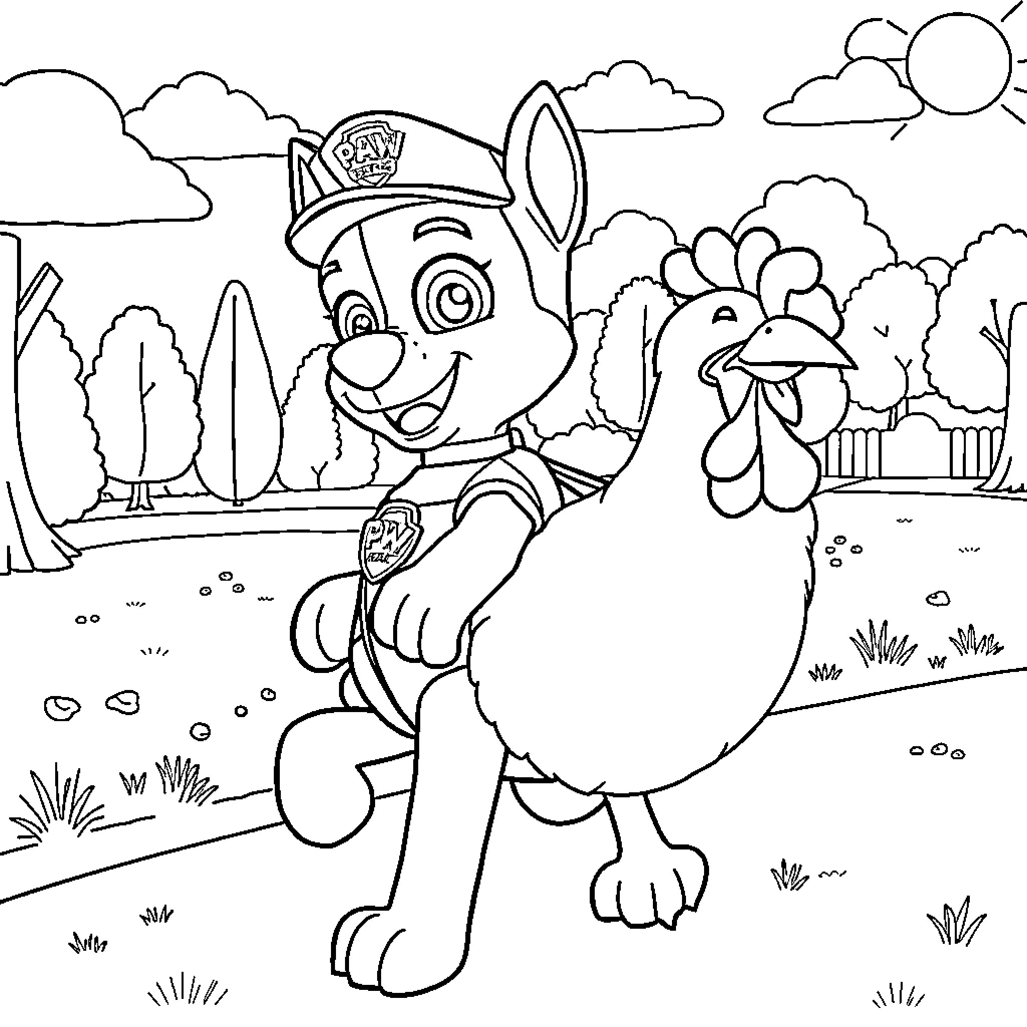Chase the Puppy's Outdoor Adventure Coloring Page (free black-and-white line drawing printable PDF for all, from beginners to advanced learners, including children, teens, adults, and seniors)