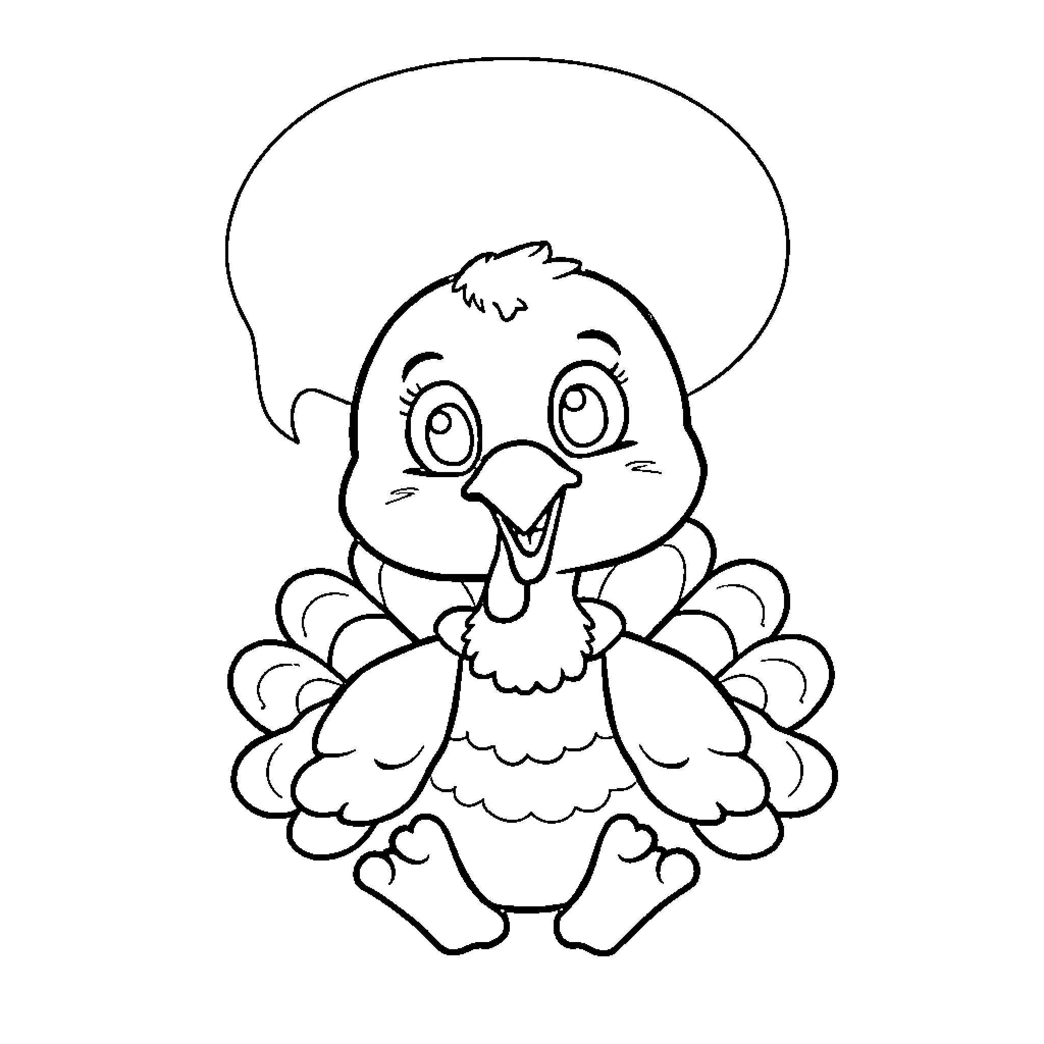 Turkey chick in a whimsical pose Coloring Page (free black-and-white line drawing printable PDF for all, from beginners to advanced learners, including children, teens, adults, and seniors)