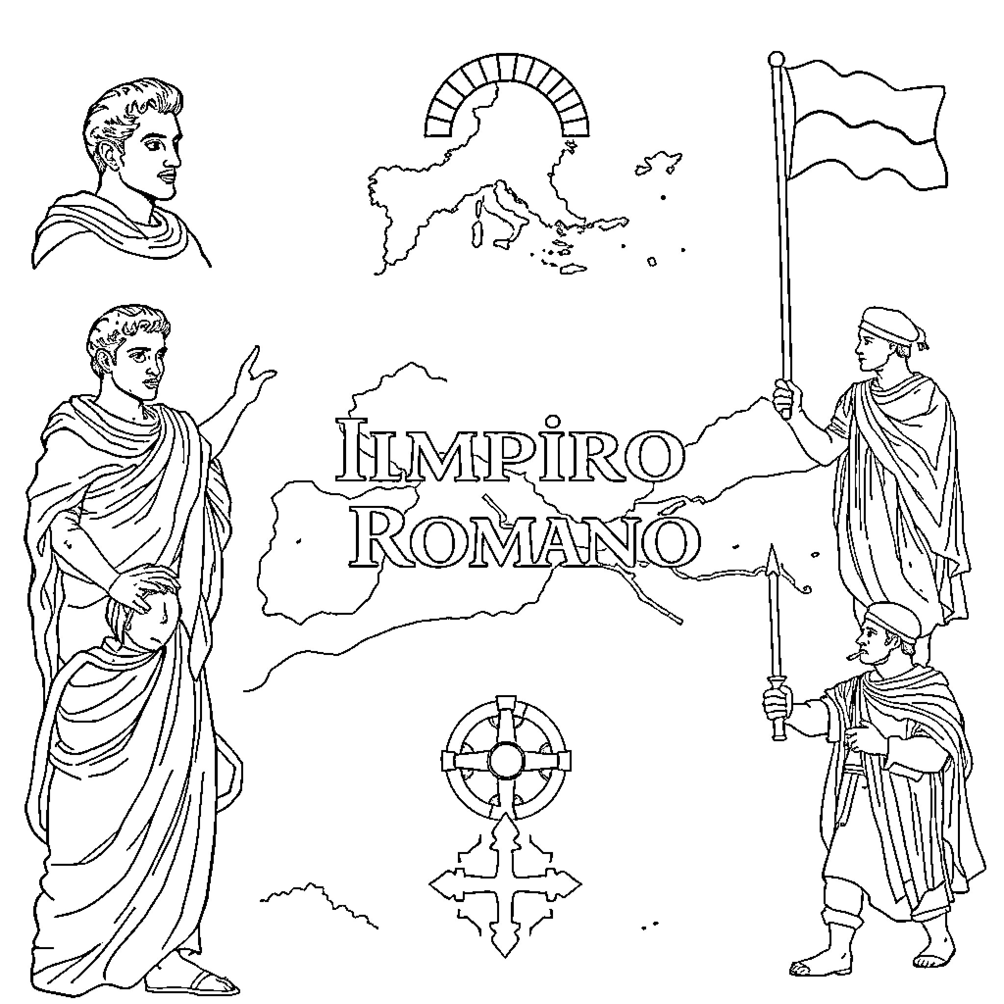 Imperio Romano: Figures, Symbols, and Landscapes of Ancient Rome Coloring Page (free black-and-white line drawing printable PDF for all, from beginners to advanced learners, including children, teens, adults, and seniors)