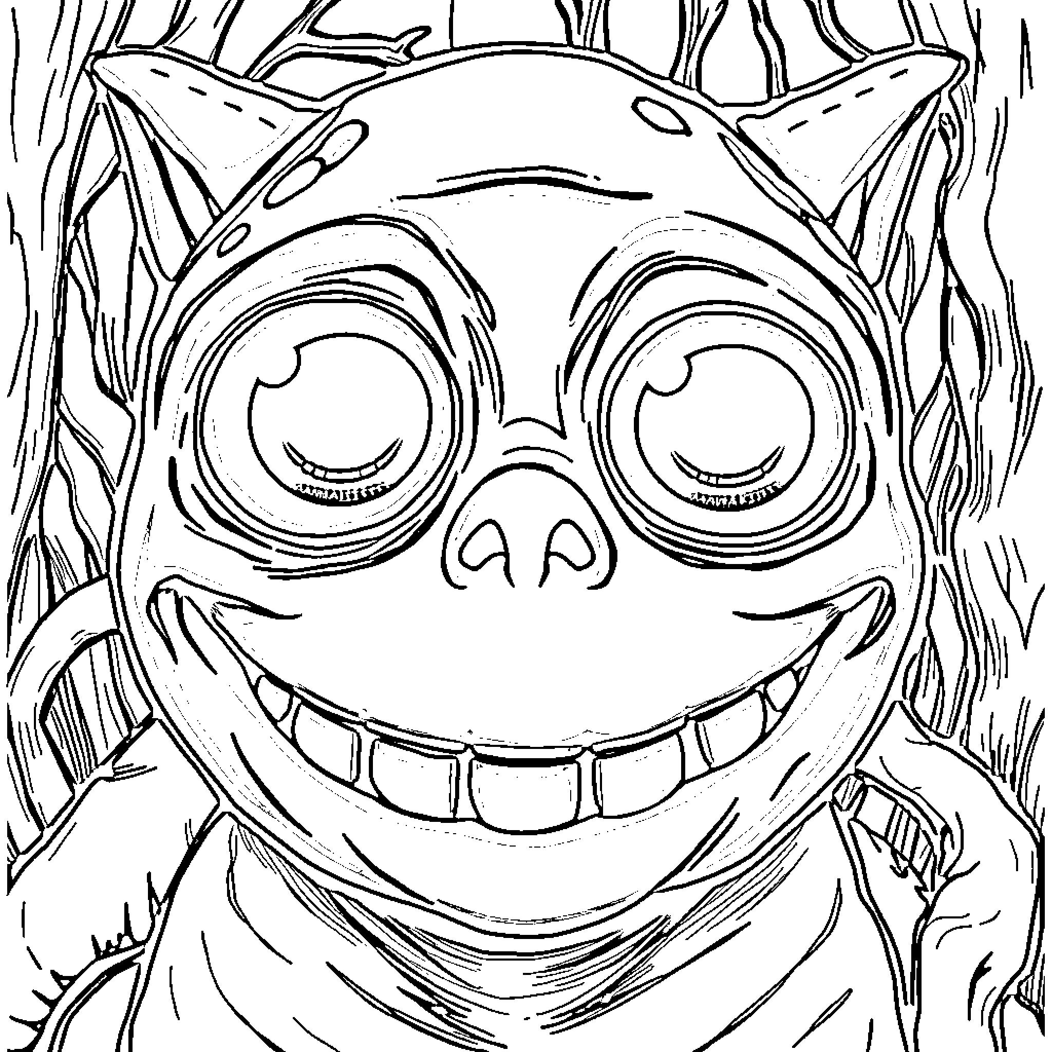 Purple People Eater's Delighted Grin Coloring Page (free black-and-white line drawing printable PDF for all, from beginners to advanced learners, including children, teens, adults, and seniors)