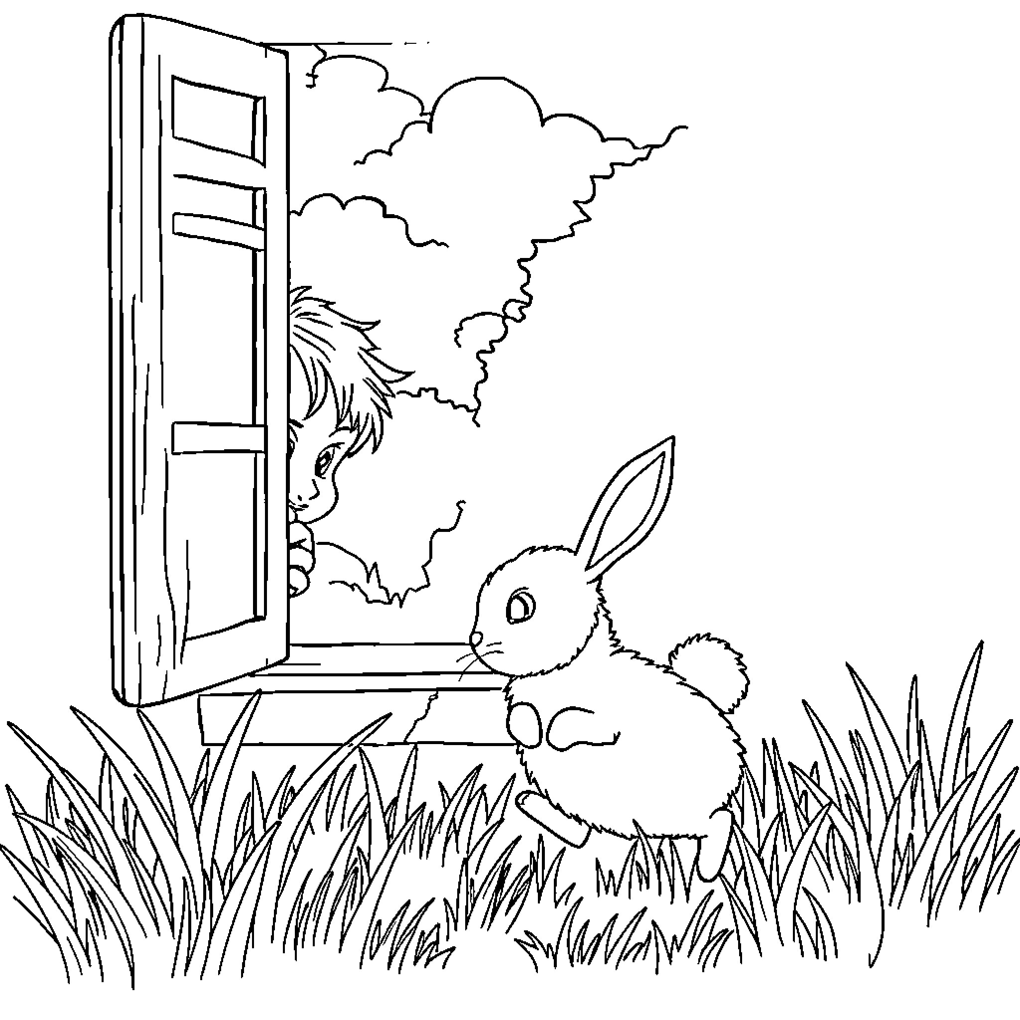 Kid Exploring Nature through Window Coloring Page (free black-and-white line drawing printable PDF for all, from beginners to advanced learners, including children, teens, adults, and seniors)