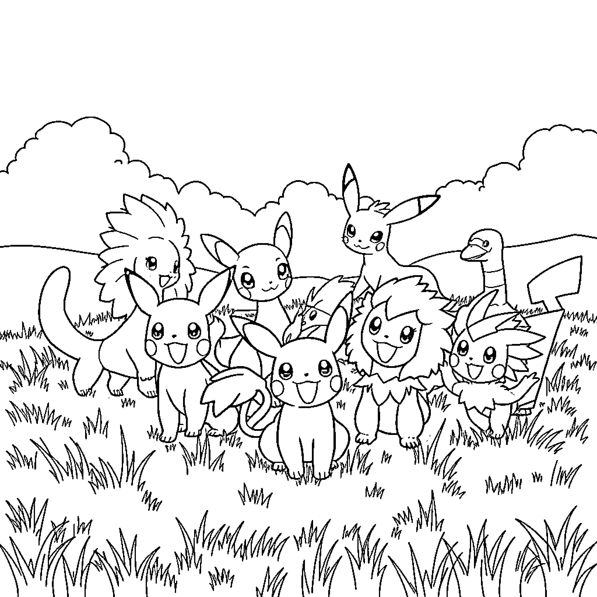 Pokémon characters gathered in the meadow Coloring Page (free black-and-white line drawing printable PDF for all, from beginners to advanced learners, including children, teens, adults, and seniors)