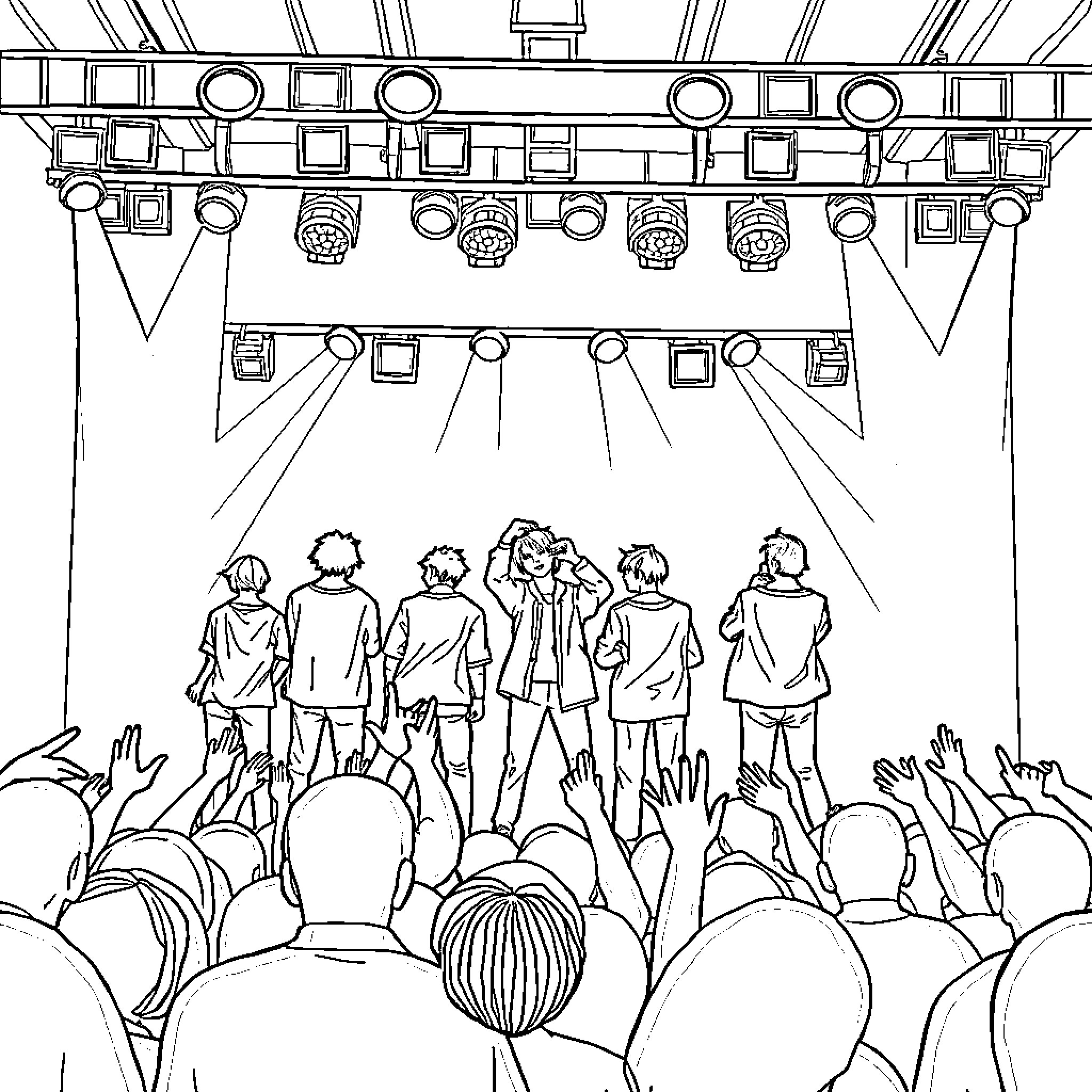 BTS Performing on Stage with Energetic Crowd Coloring Page (free black-and-white line drawing printable PDF for all, from beginners to advanced learners, including children, teens, adults, and seniors)