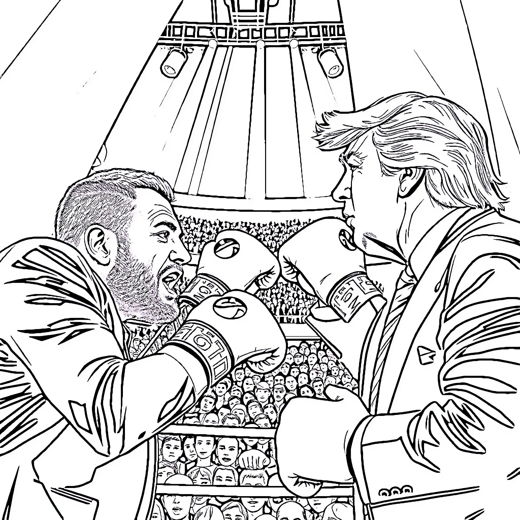 Donald Trump speaking before a crowd of supporters Coloring Page (free black-and-white line drawing printable PDF for all, from beginners to advanced learners, including children, teens, adults, and seniors)