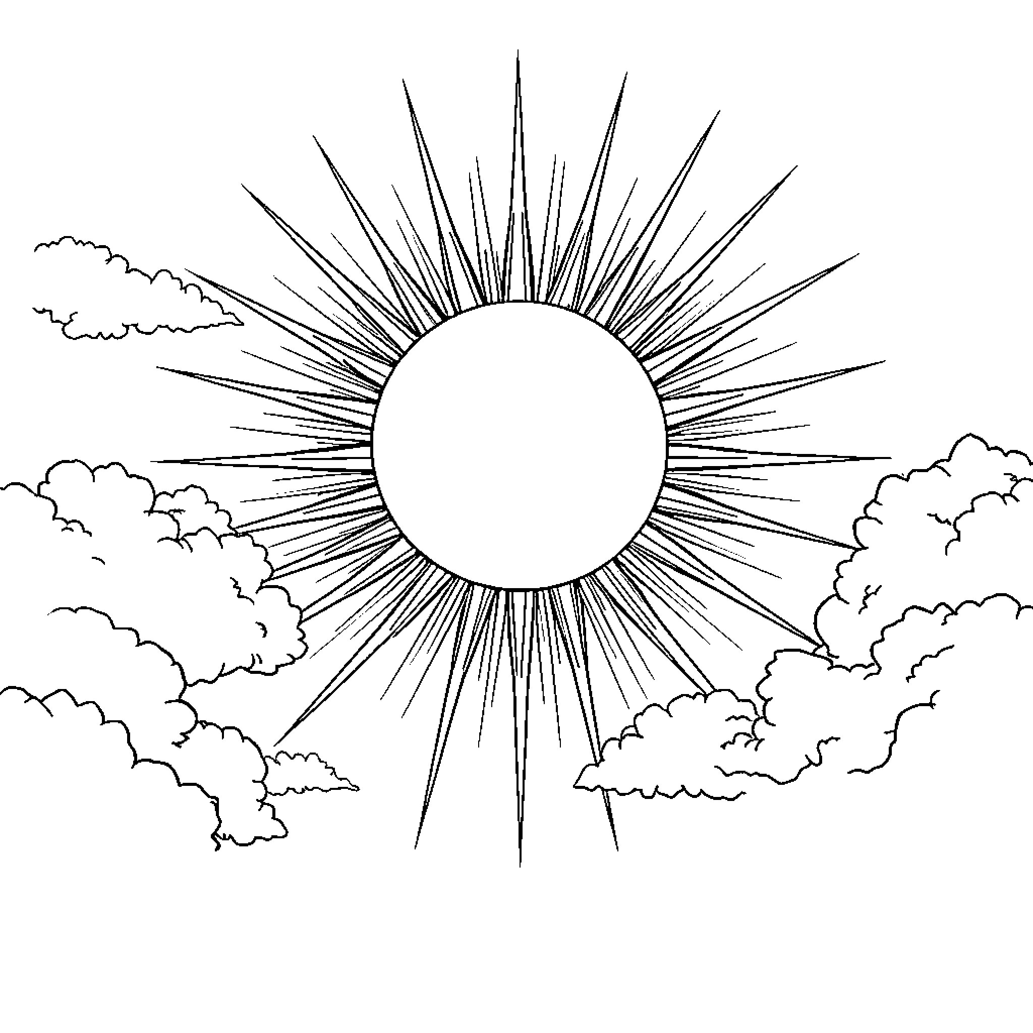 Sun shining brightly through the clouds Coloring Page (free black-and-white line drawing printable PDF for all, from beginners to advanced learners, including children, teens, adults, and seniors)