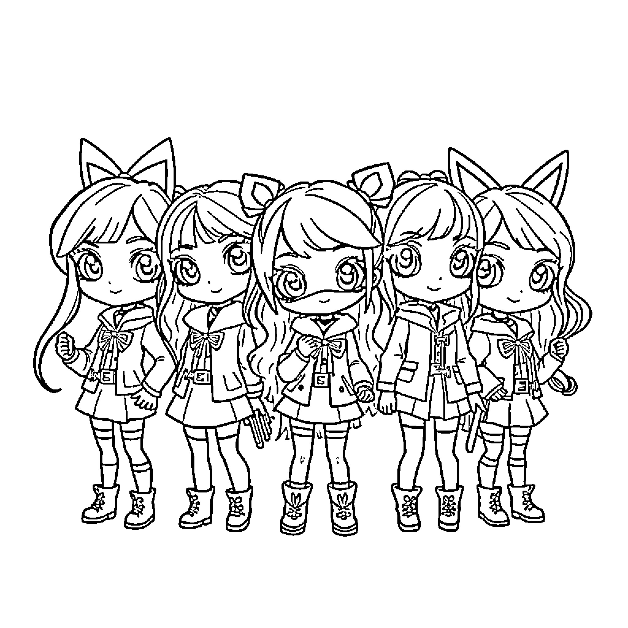 Huntrix Girl School Friends in Uniform Coloring Page (free black-and-white line drawing printable PDF for all, from beginners to advanced learners, including children, teens, adults, and seniors)