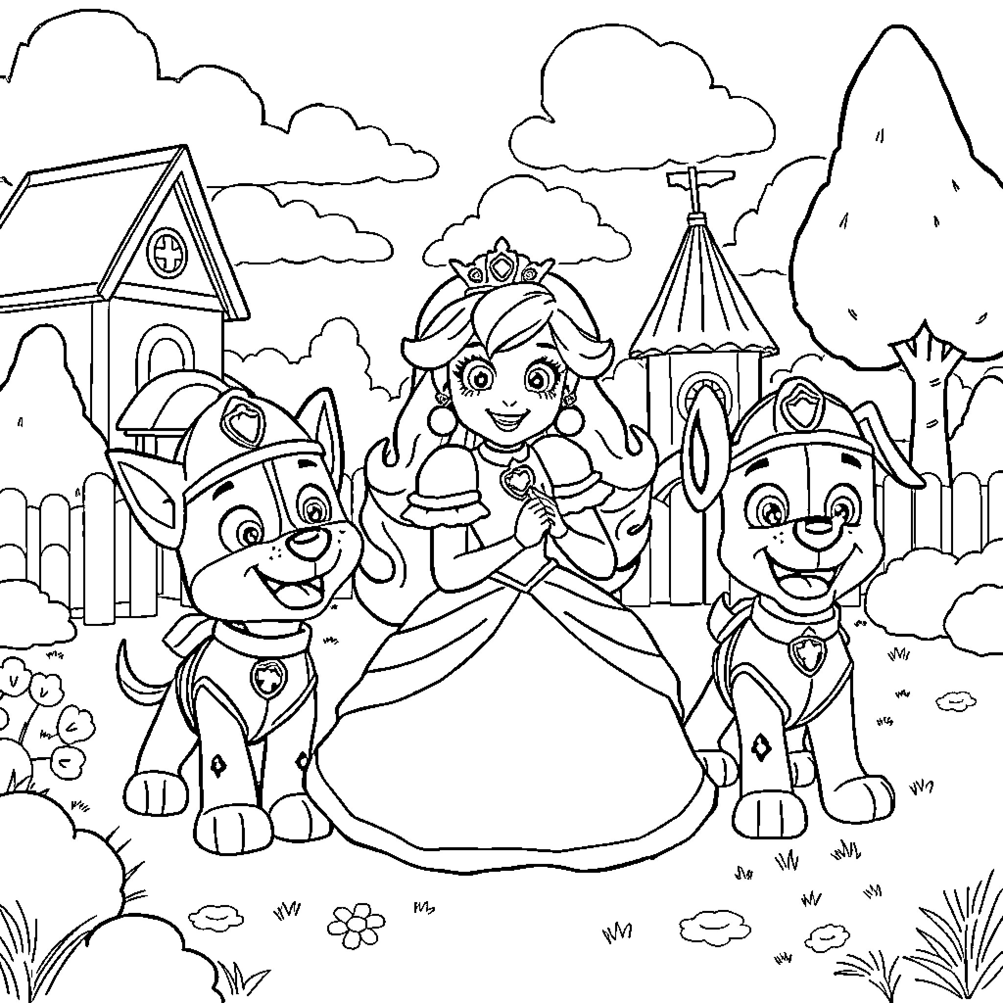 Peach the Princess and Her Loyal Pups in the Kingdom Coloring Page (free black-and-white line drawing printable PDF for all, from beginners to advanced learners, including children, teens, adults, and seniors)