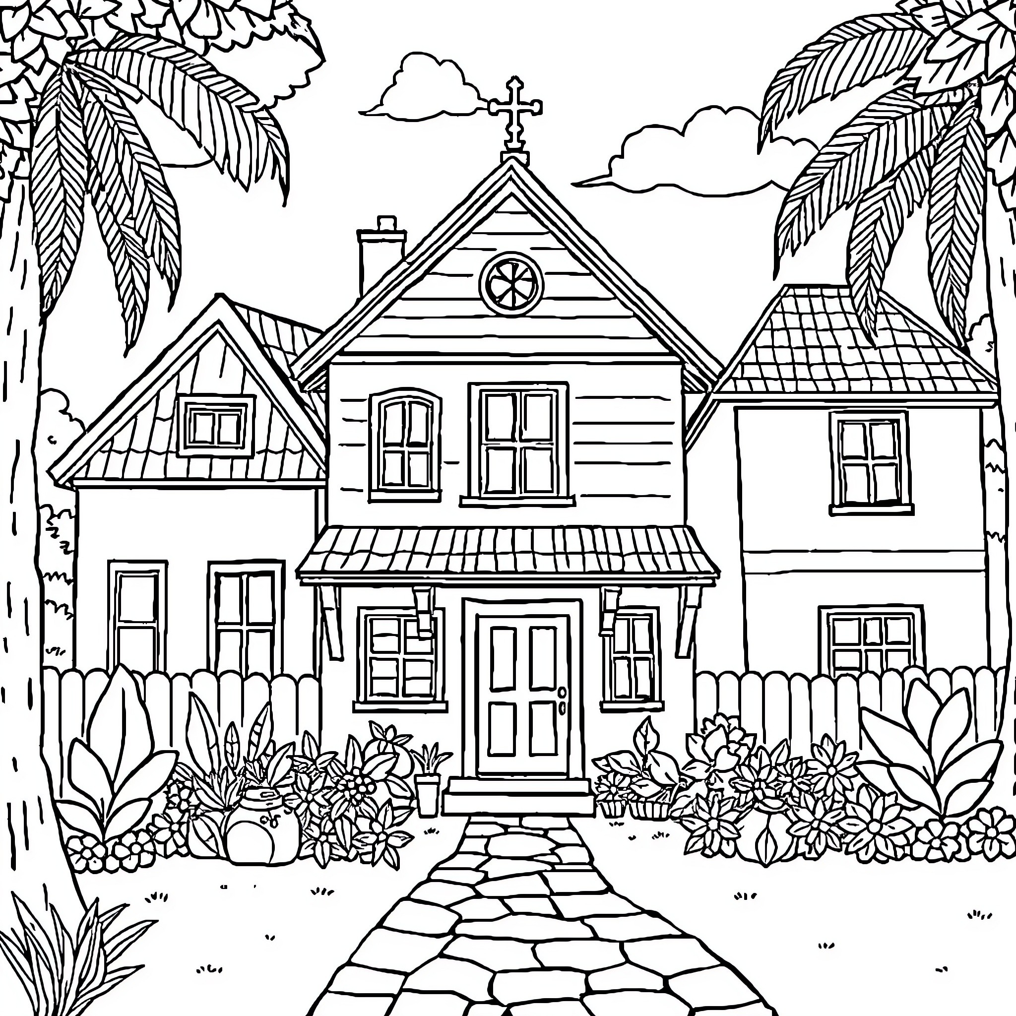 House in a tropical garden with a church Coloring Page (free black-and-white line drawing printable PDF for all, from beginners to advanced learners, including children, teens, adults, and seniors)