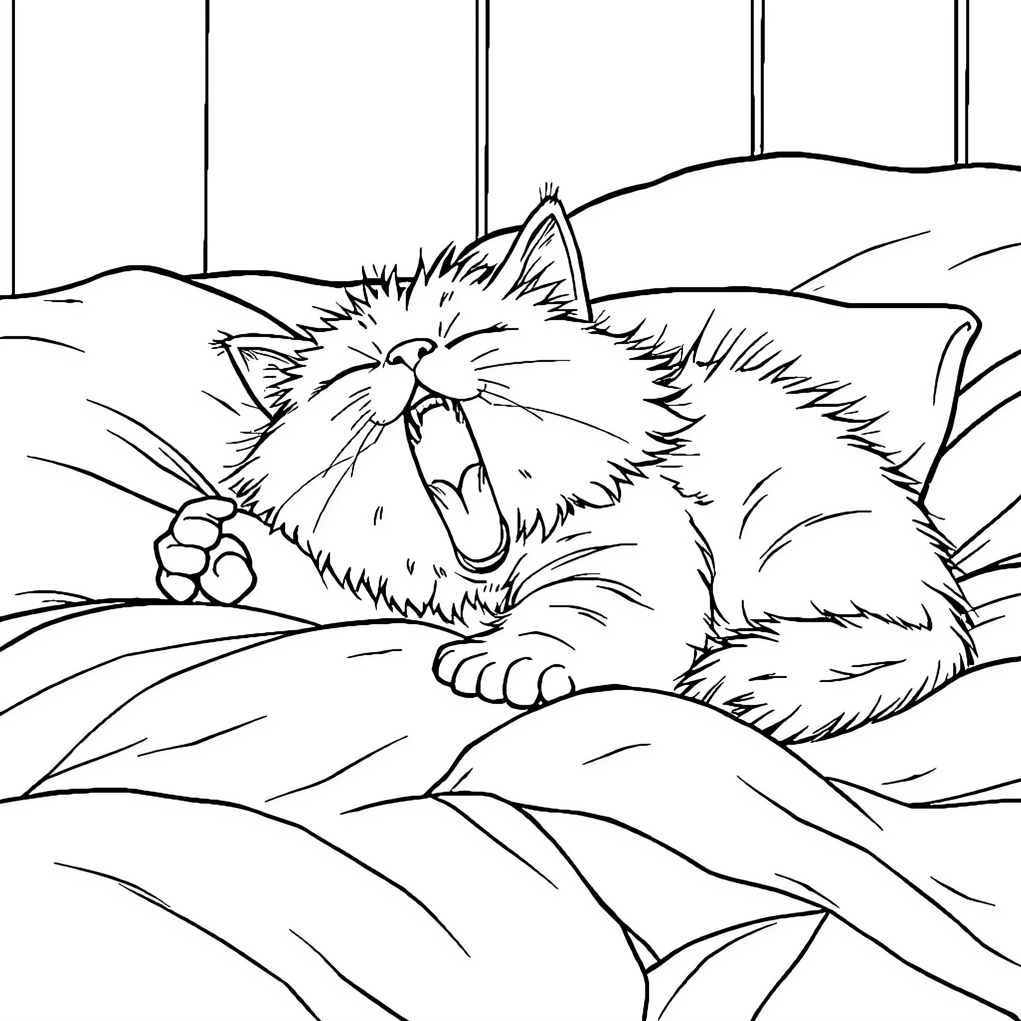 Cat napping peacefully in the meadow Coloring Page (free black-and-white line drawing printable PDF for all, from beginners to advanced learners, including children, teens, adults, and seniors)