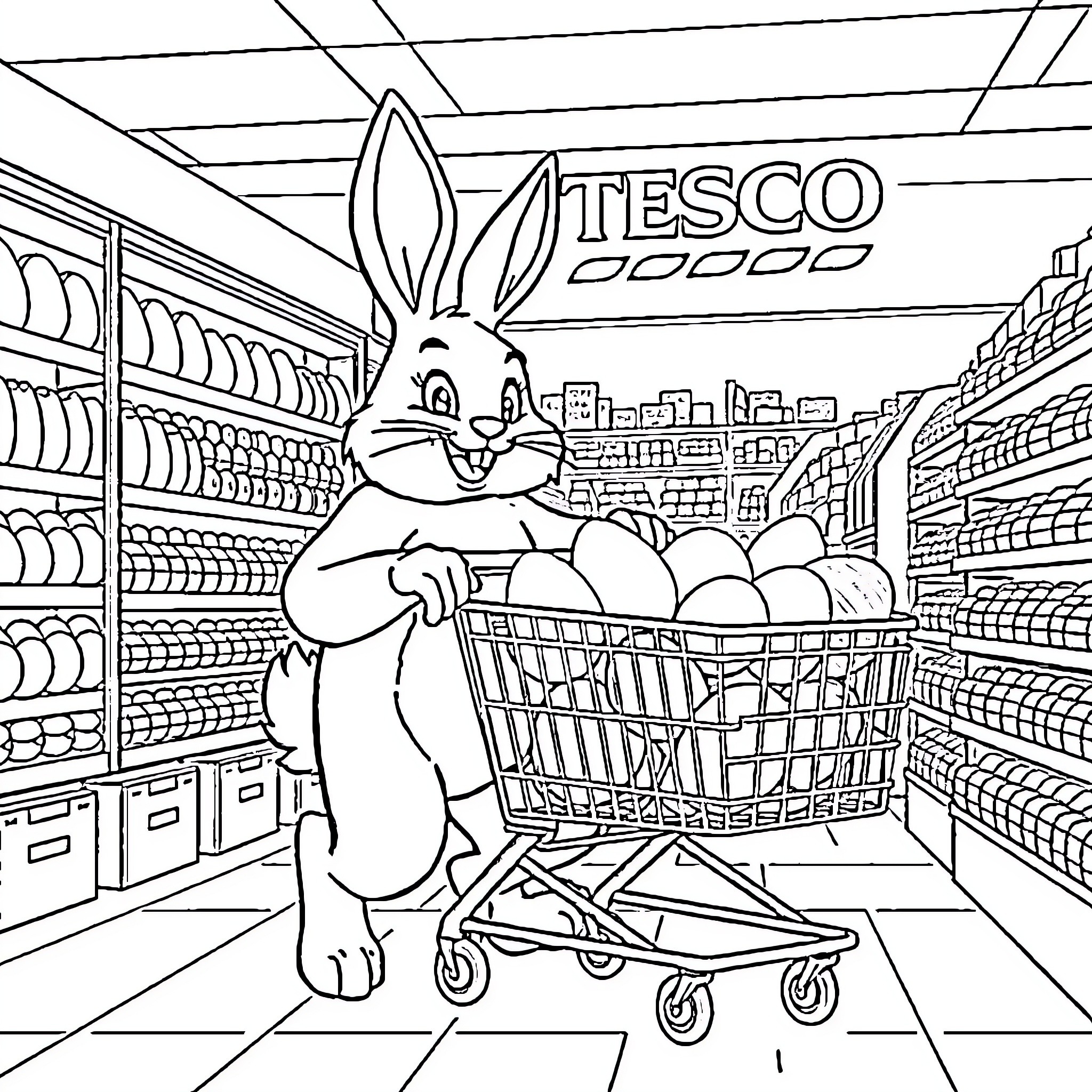 Easter Bunny shopping at the supermarket Coloring Page (free black-and-white line drawing printable PDF for all, from beginners to advanced learners, including children, teens, adults, and seniors)