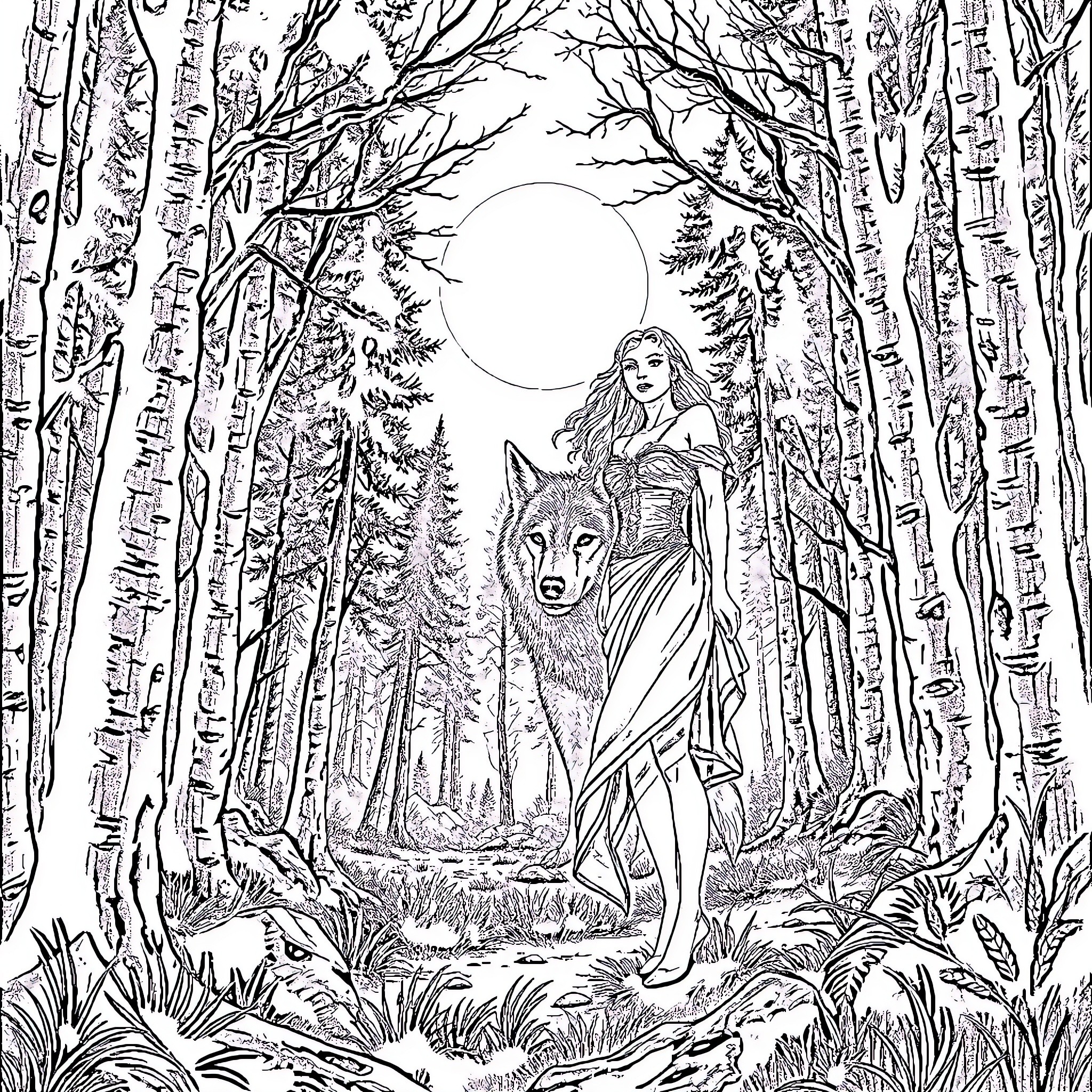 Bella's Enchanted Forest Journey with a Wolf Coloring Page (free black-and-white line drawing printable PDF for all, from beginners to advanced learners, including children, teens, adults, and seniors)