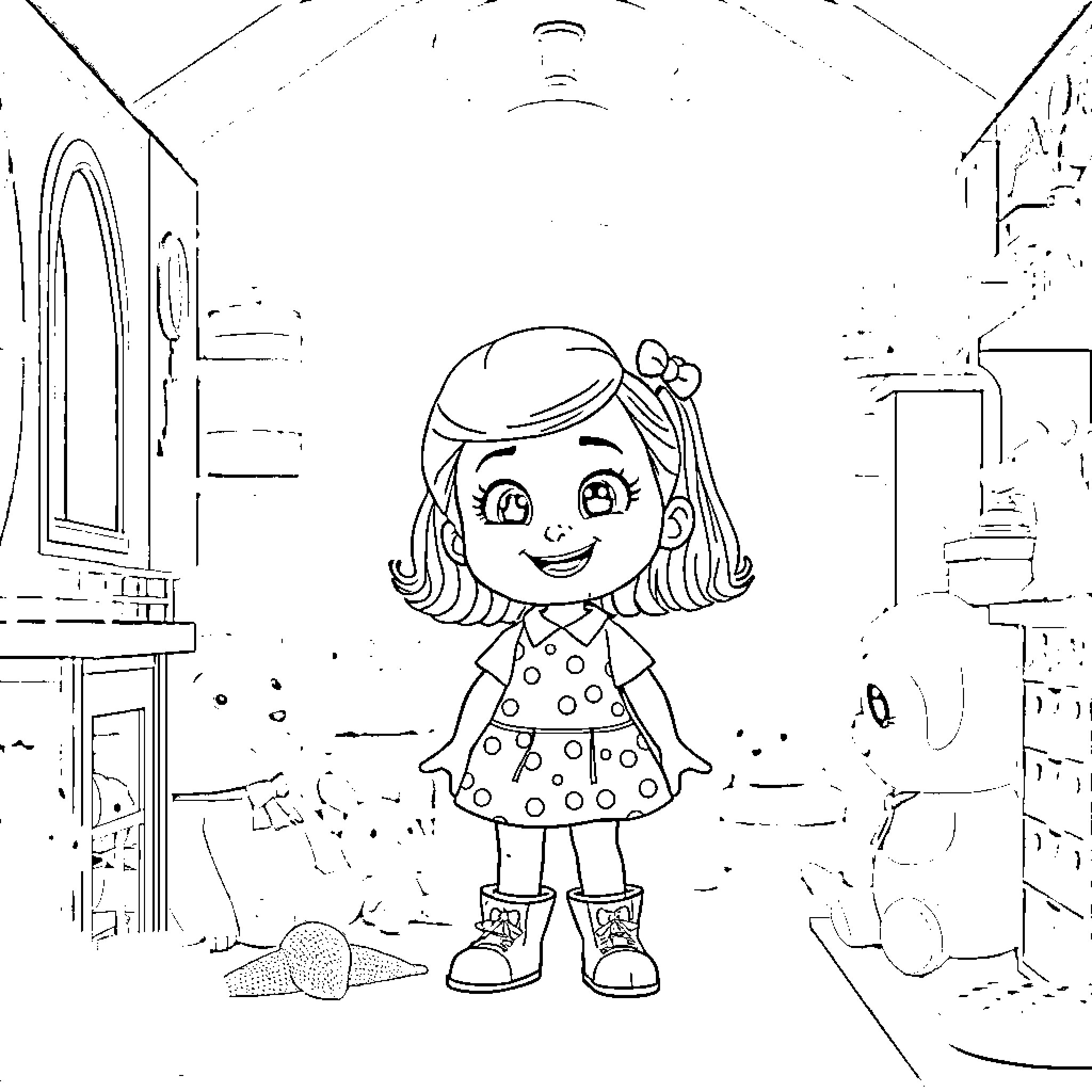 Gabby's Playful Adventure in a Cozy Home Coloring Page (free black-and-white line drawing printable PDF for all, from beginners to advanced learners, including children, teens, adults, and seniors)