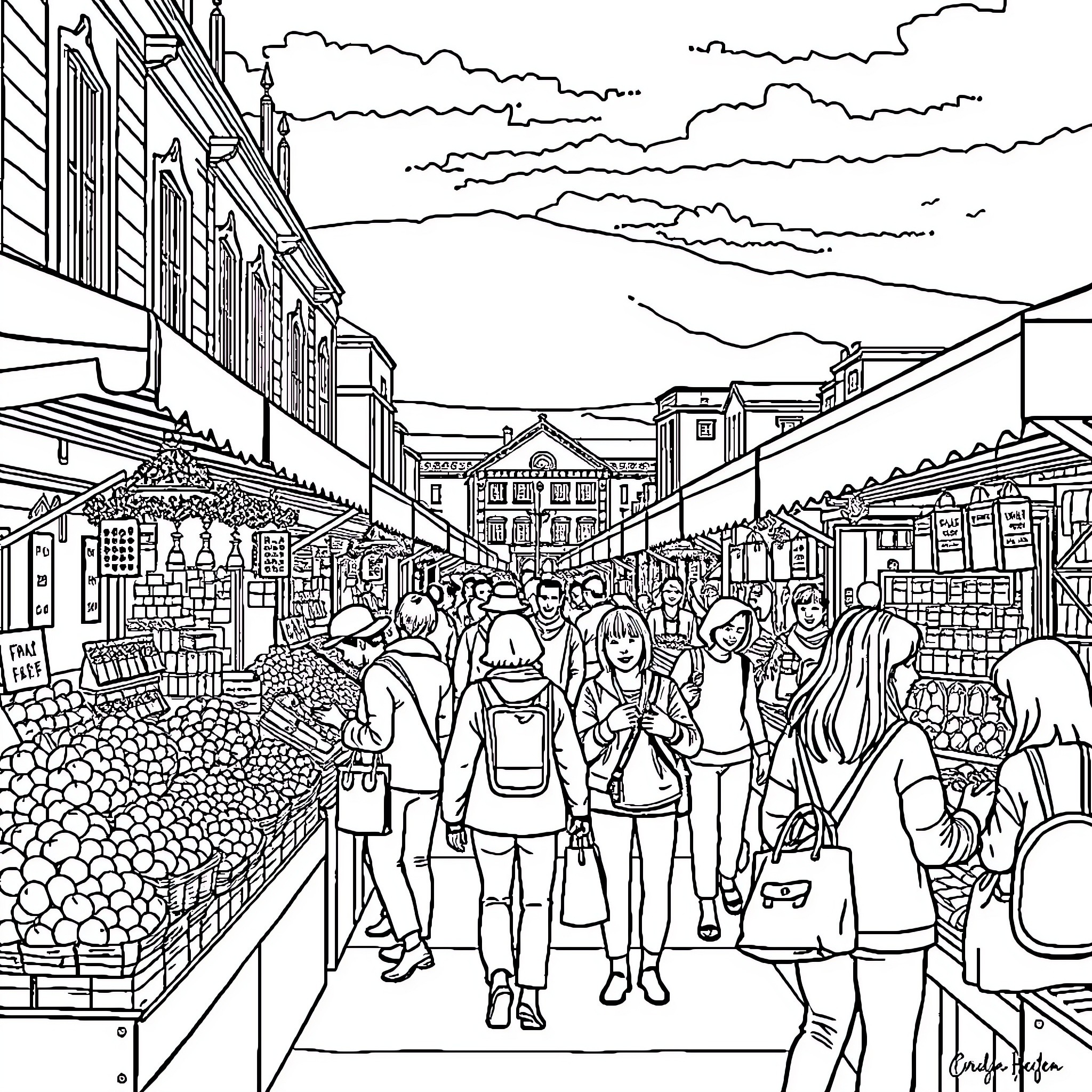 Hobart Market Scene with Bustling Crowd Coloring Page (free black-and-white line drawing printable PDF for all, from beginners to advanced learners, including children, teens, adults, and seniors)