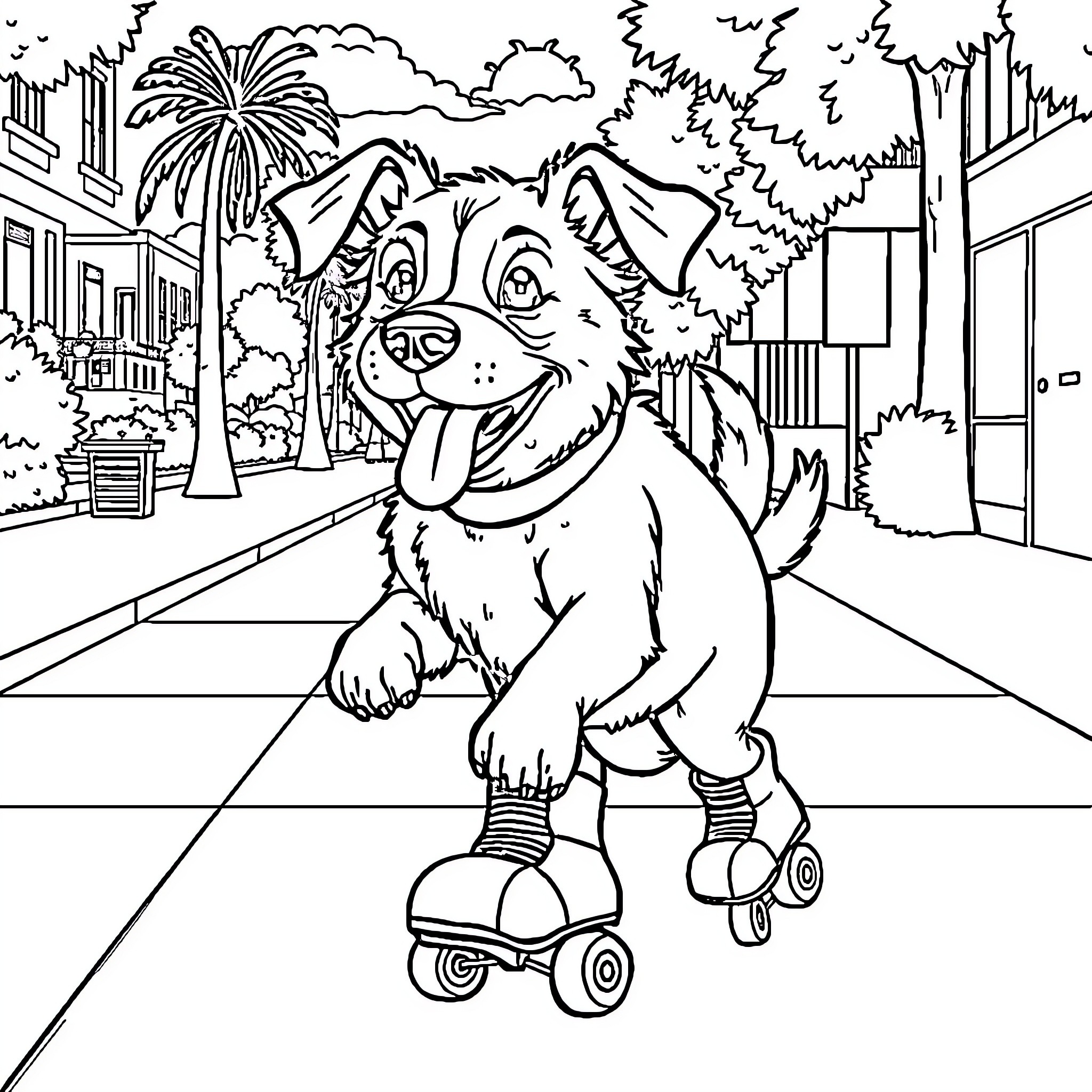 Dog roller skating in urban setting Coloring Page (free black-and-white line drawing printable PDF for all, from beginners to advanced learners, including children, teens, adults, and seniors)